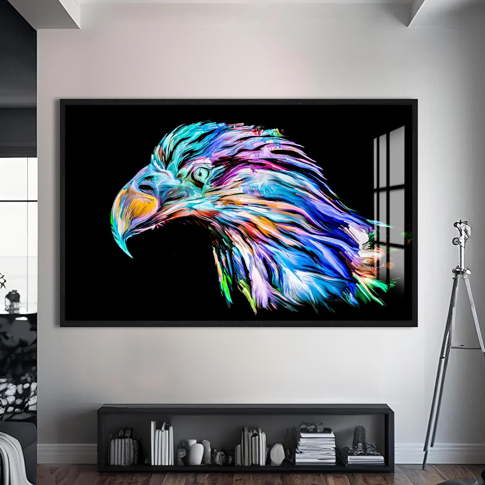Artronauts Glass Print S | 72x46 cm | 28.3"x18.1" / Black Colour Splash Eagle Portrait – Animal Tempered Glass Wall Art