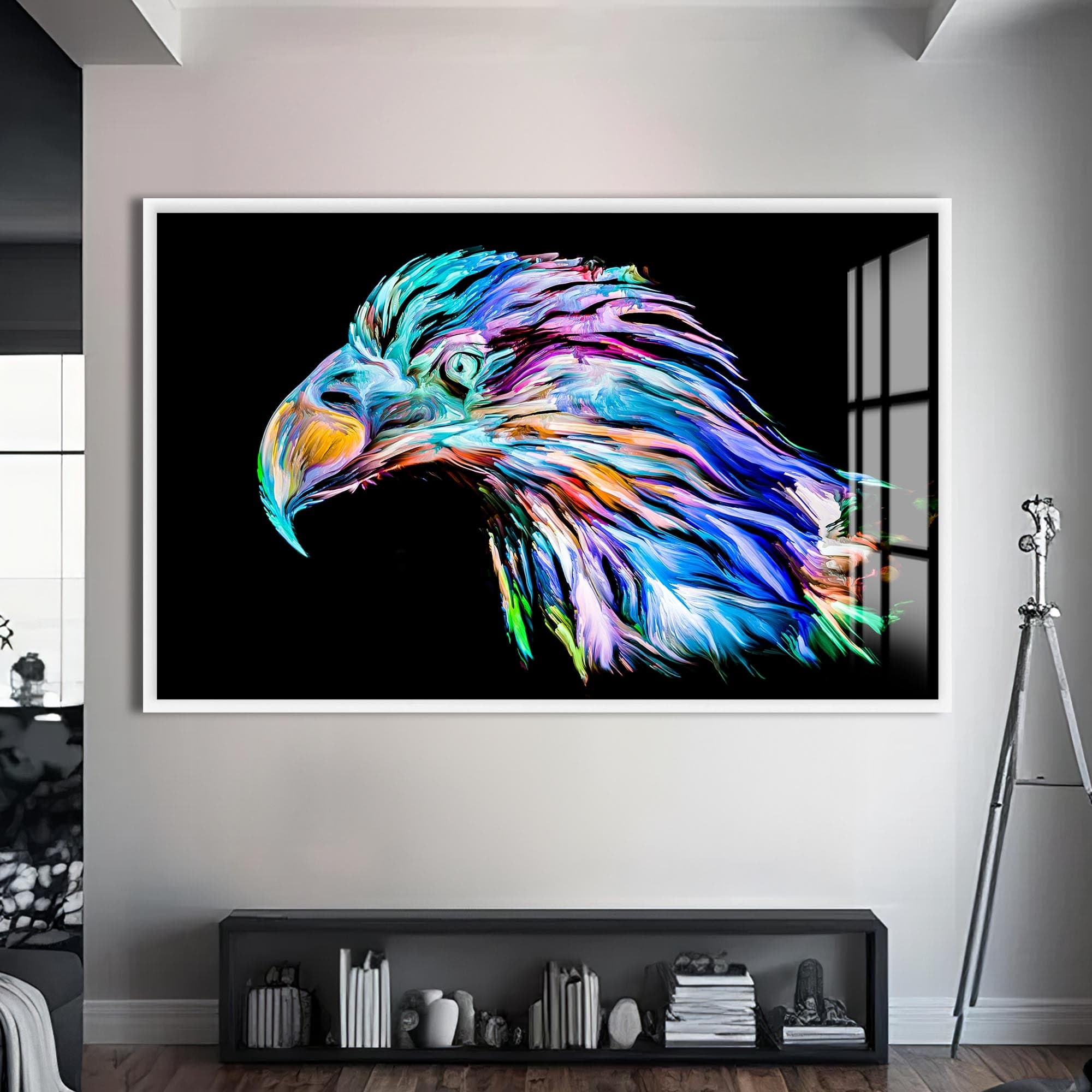 Artronauts Glass Print S | 72x46 cm | 28.3"x18.1" / White Colour Splash Eagle Portrait – Animal Tempered Glass Wall Art
