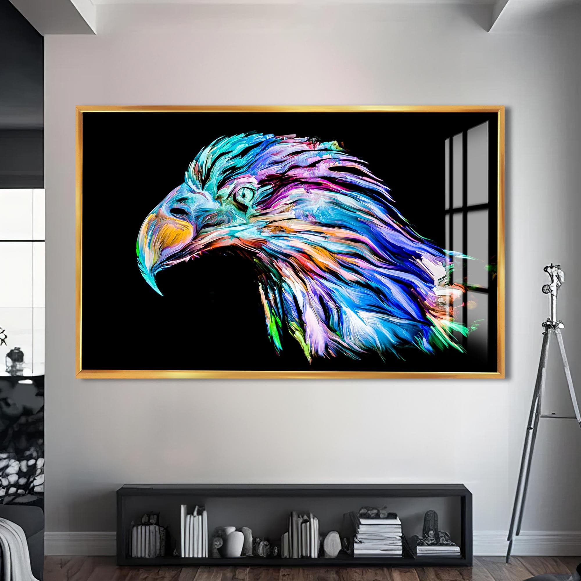 Artronauts Glass Print S | 72x46 cm | 28.3"x18.1" / Gold Colour Splash Eagle Portrait – Animal Tempered Glass Wall Art