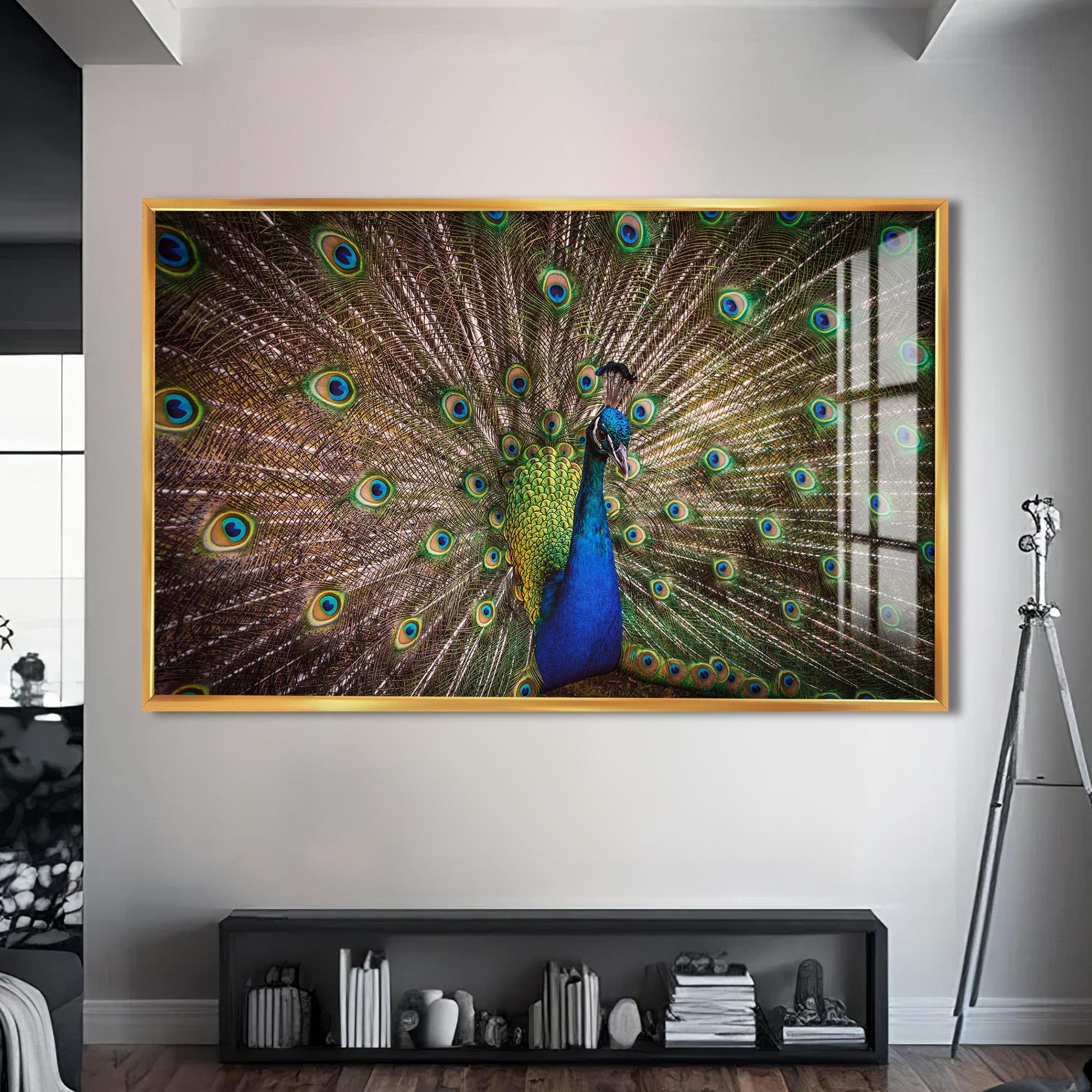 Artronauts Glass Print S | 72x46 cm | 28.3"x18.1" / Gold Majestic Peacock Display – Animal Tempered Glass Wall Art