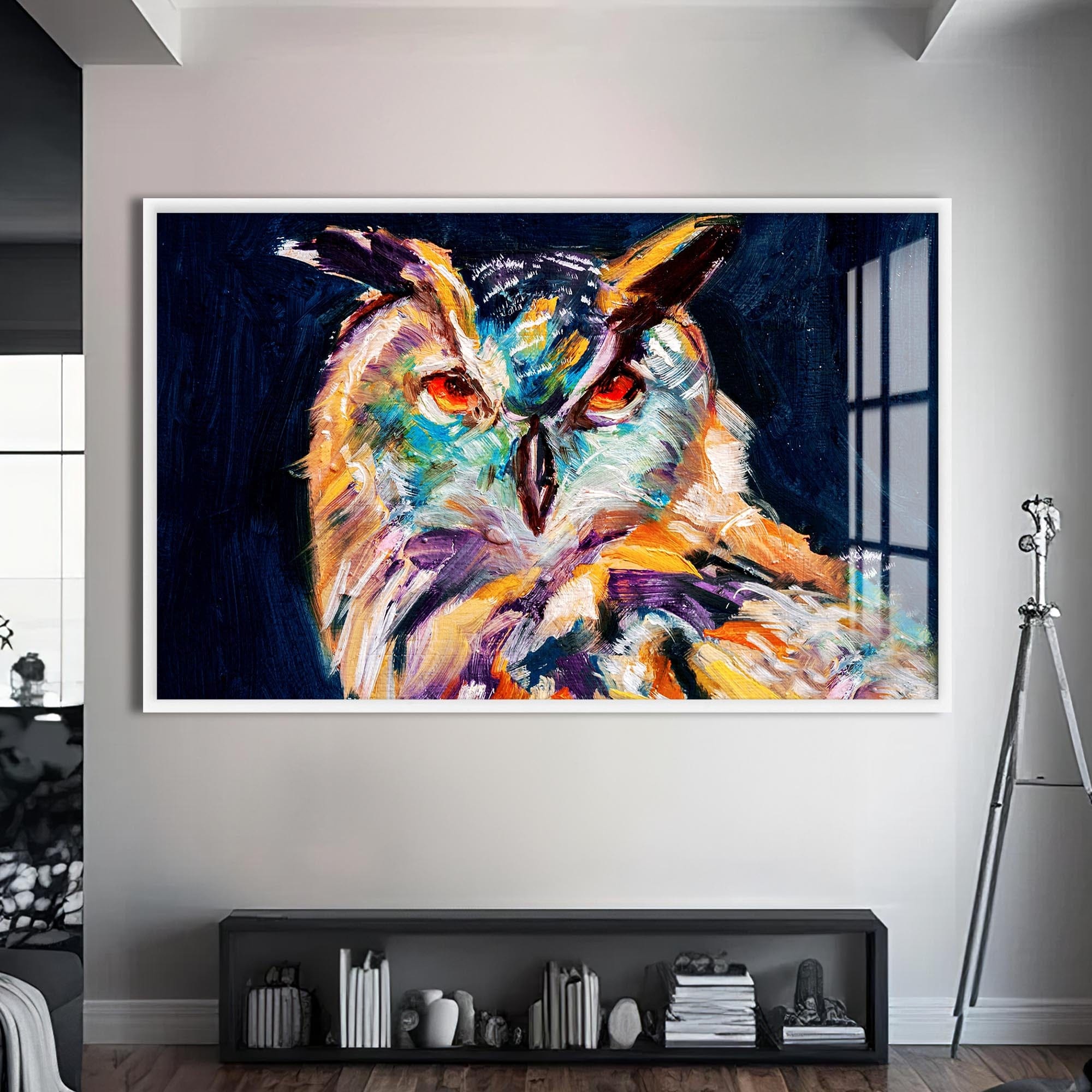 Artronauts Glass Print S | 72x46 cm | 28.3"x18.1" / White Vivid Owl Expression – Animal Tempered Glass Wall Art