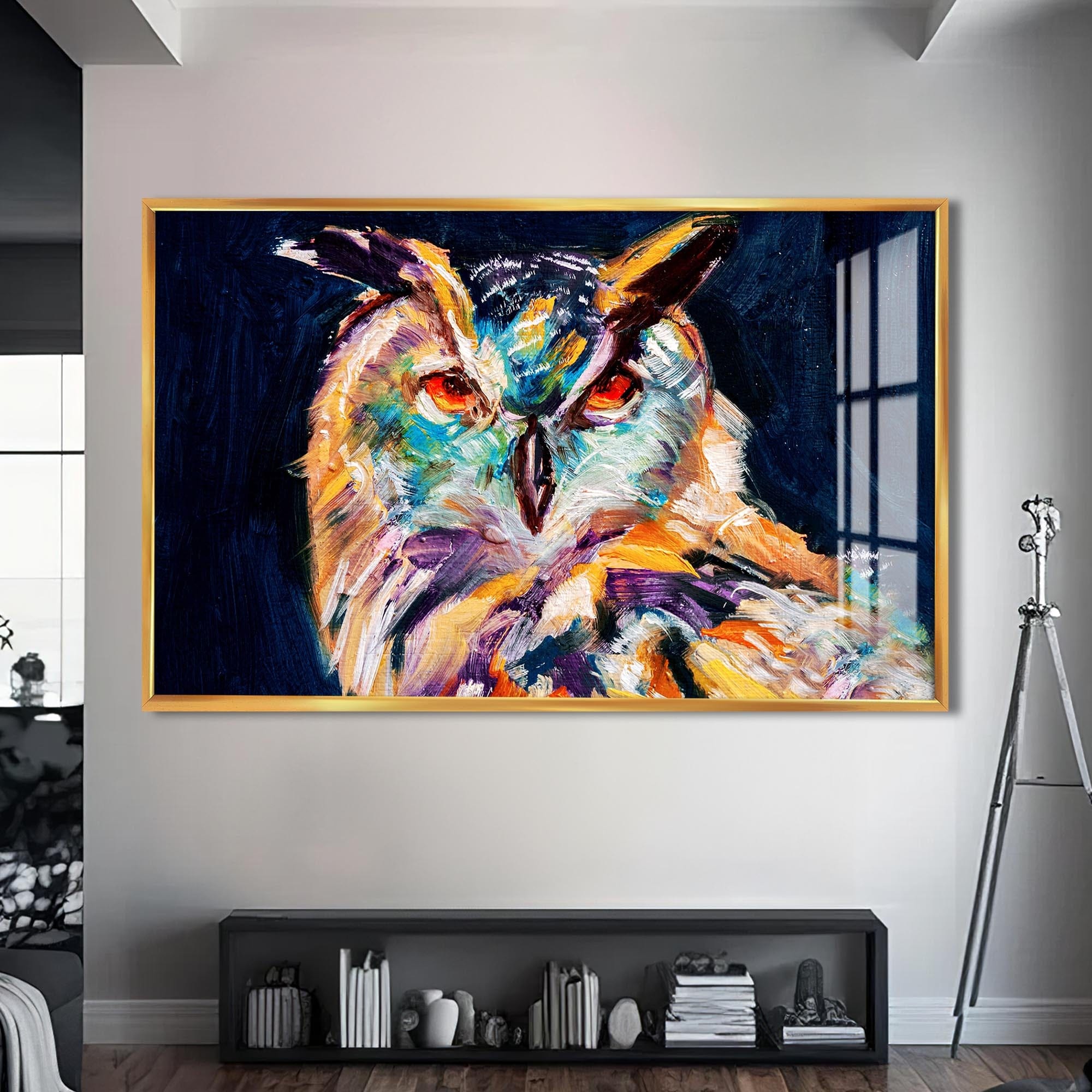 Artronauts Glass Print S | 72x46 cm | 28.3"x18.1" / Gold Vivid Owl Expression – Animal Tempered Glass Wall Art