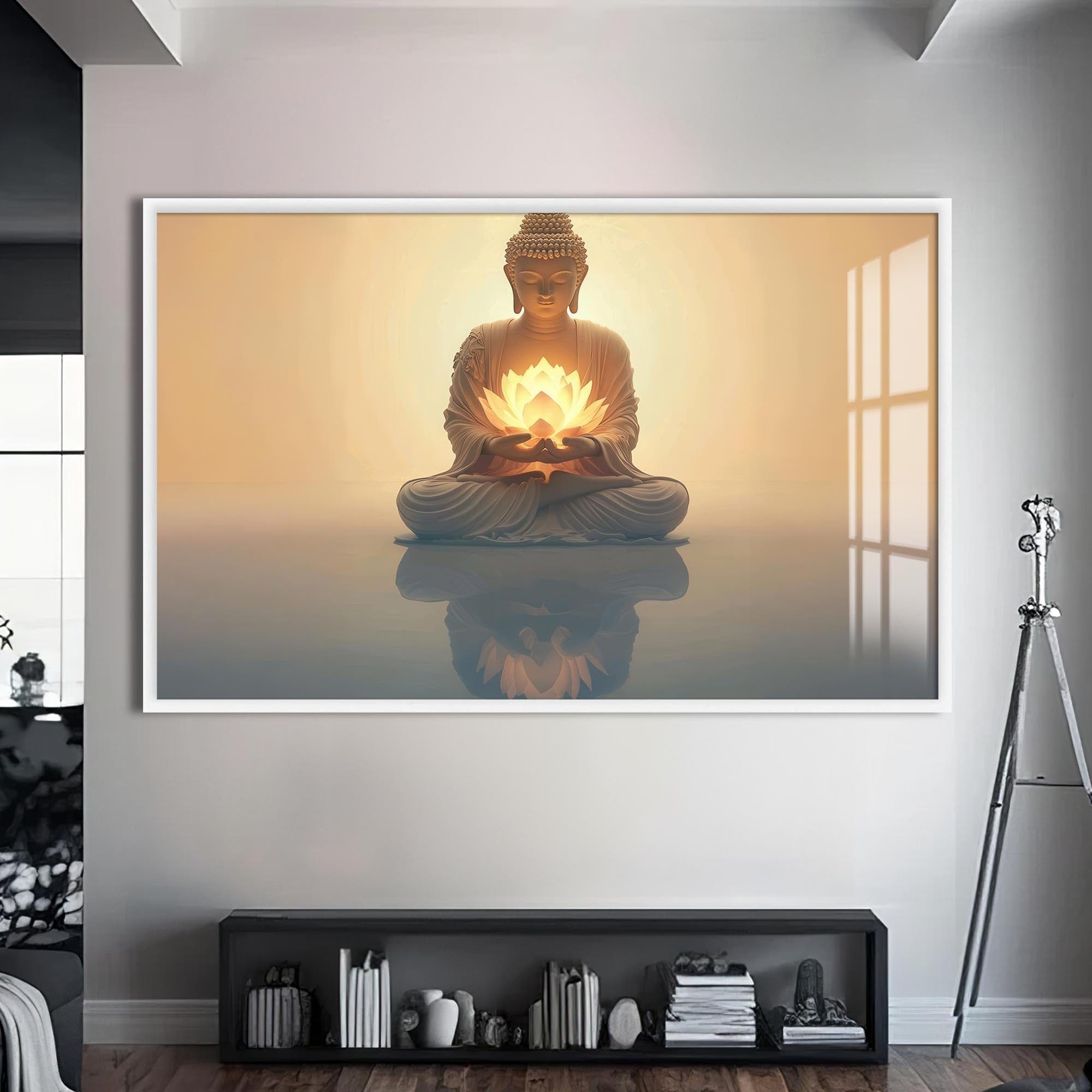 Artronauts Glass Print S | 72x46 cm | 28.3"x18.1" / White Lotus Reflection- Buddhism Tempered Glass Wall Art