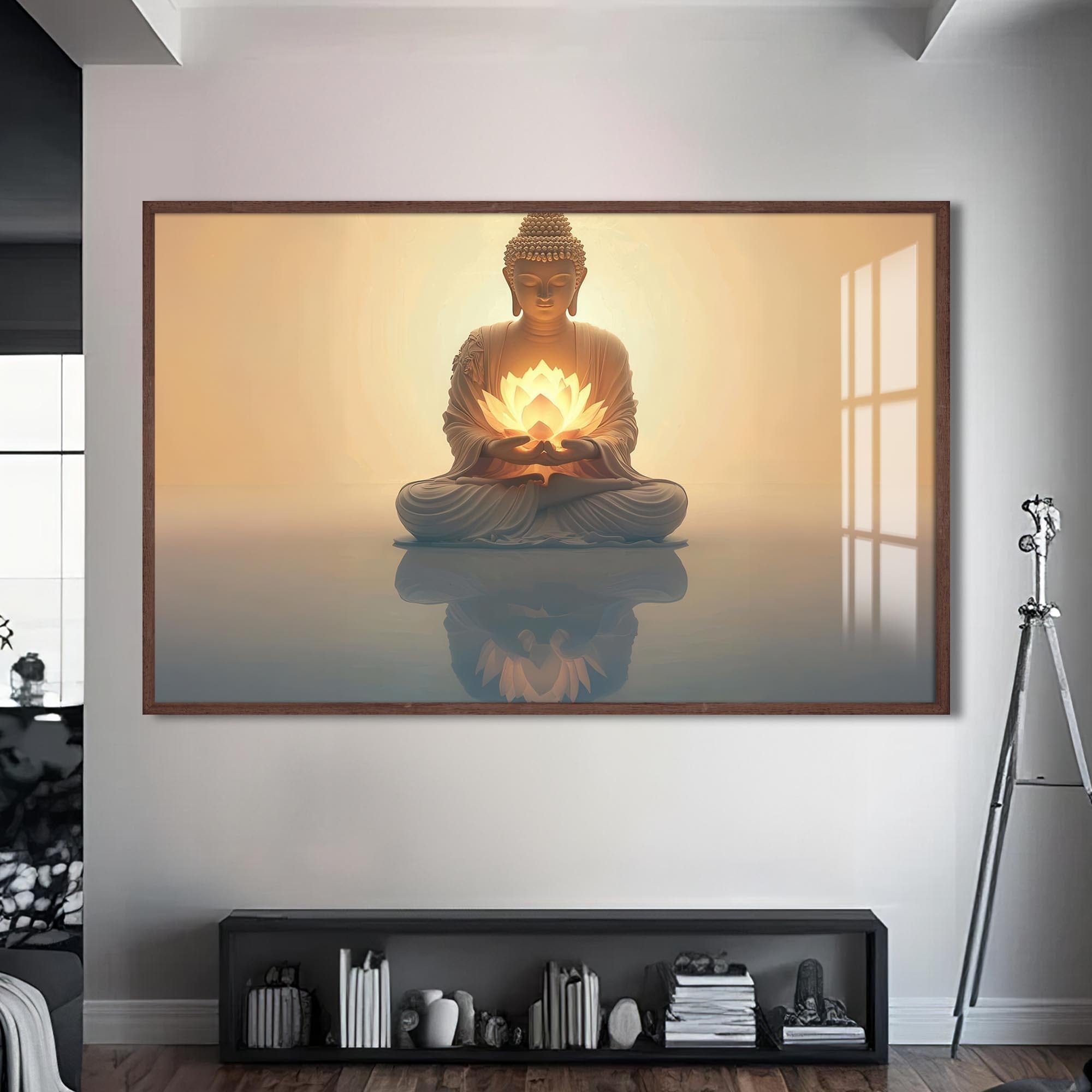 Artronauts Glass Print S | 72x46 cm | 28.3"x18.1" / Walnut Lotus Reflection- Buddhism Tempered Glass Wall Art