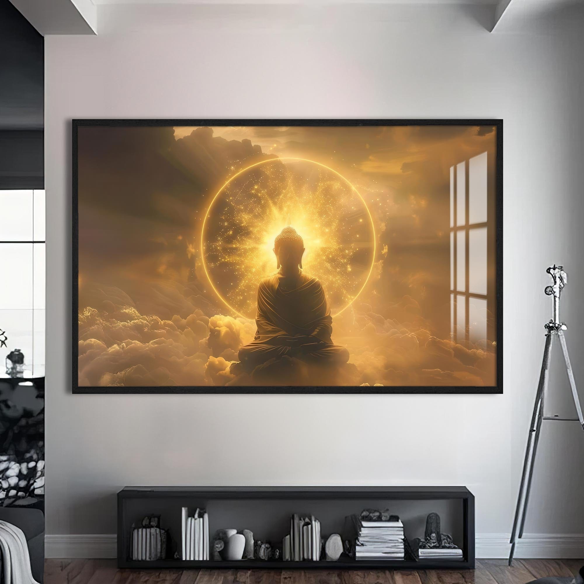 Artronauts Glass Print S | 72x46 cm | 28.3"x18.1" / Black Golden Awakening- Buddhism Tempered Glass Wall Art