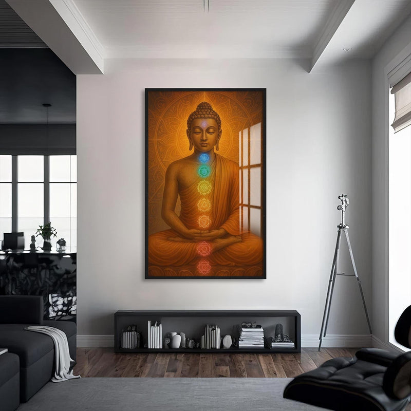 Artronauts Glass Print S | 72x46 cm | 28.3"x18.1" / Black Inner Chakras-  Buddhism Tempered Glass Wall Art