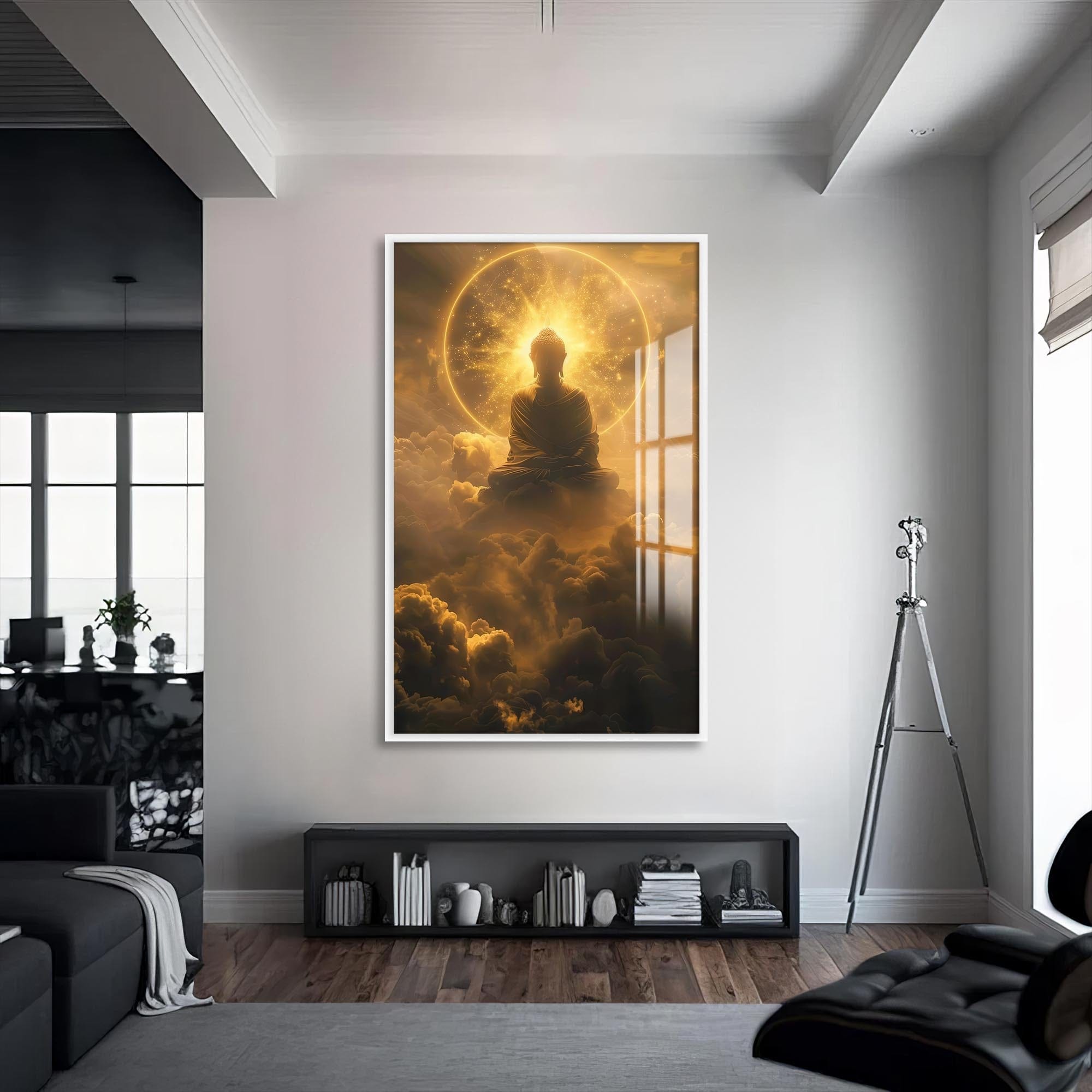 Artronauts Glass Print S | 72x46 cm | 28.3"x18.1" / White Golden Nirvana- Buddhism Tempered Glass Wall Art