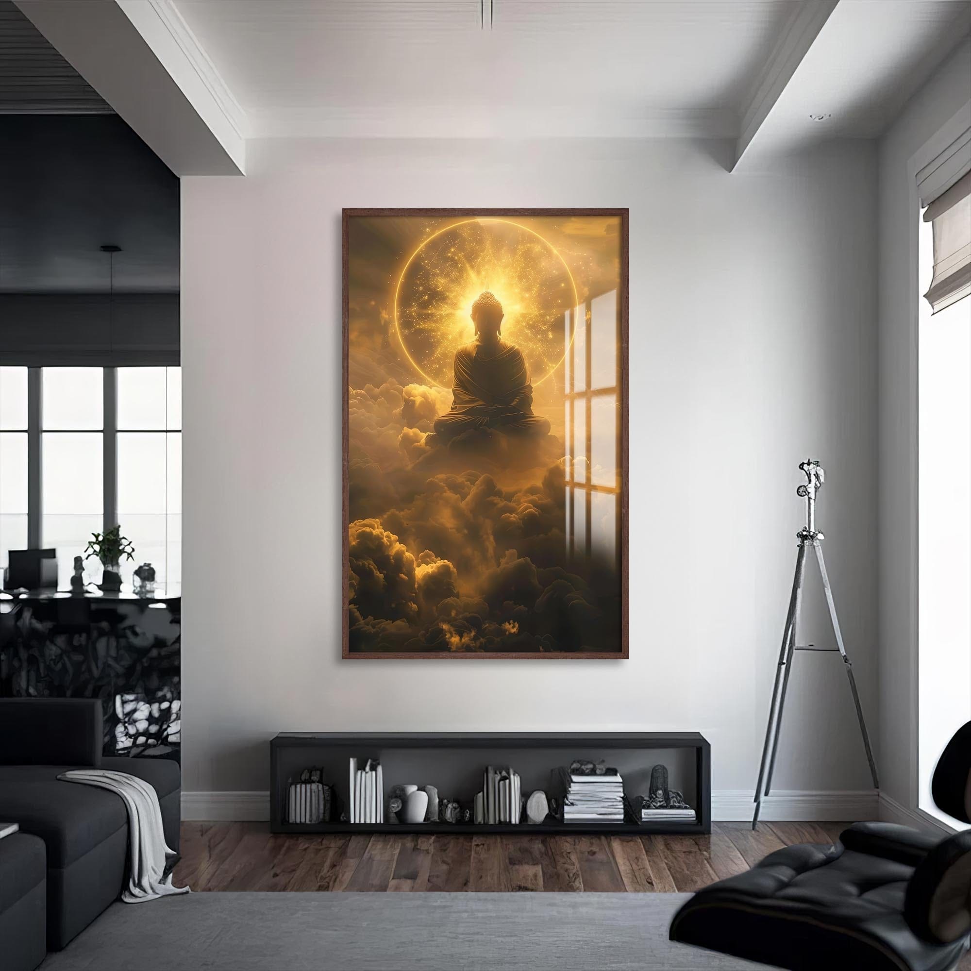 Artronauts Glass Print S | 72x46 cm | 28.3"x18.1" / Walnut Golden Nirvana- Buddhism Tempered Glass Wall Art
