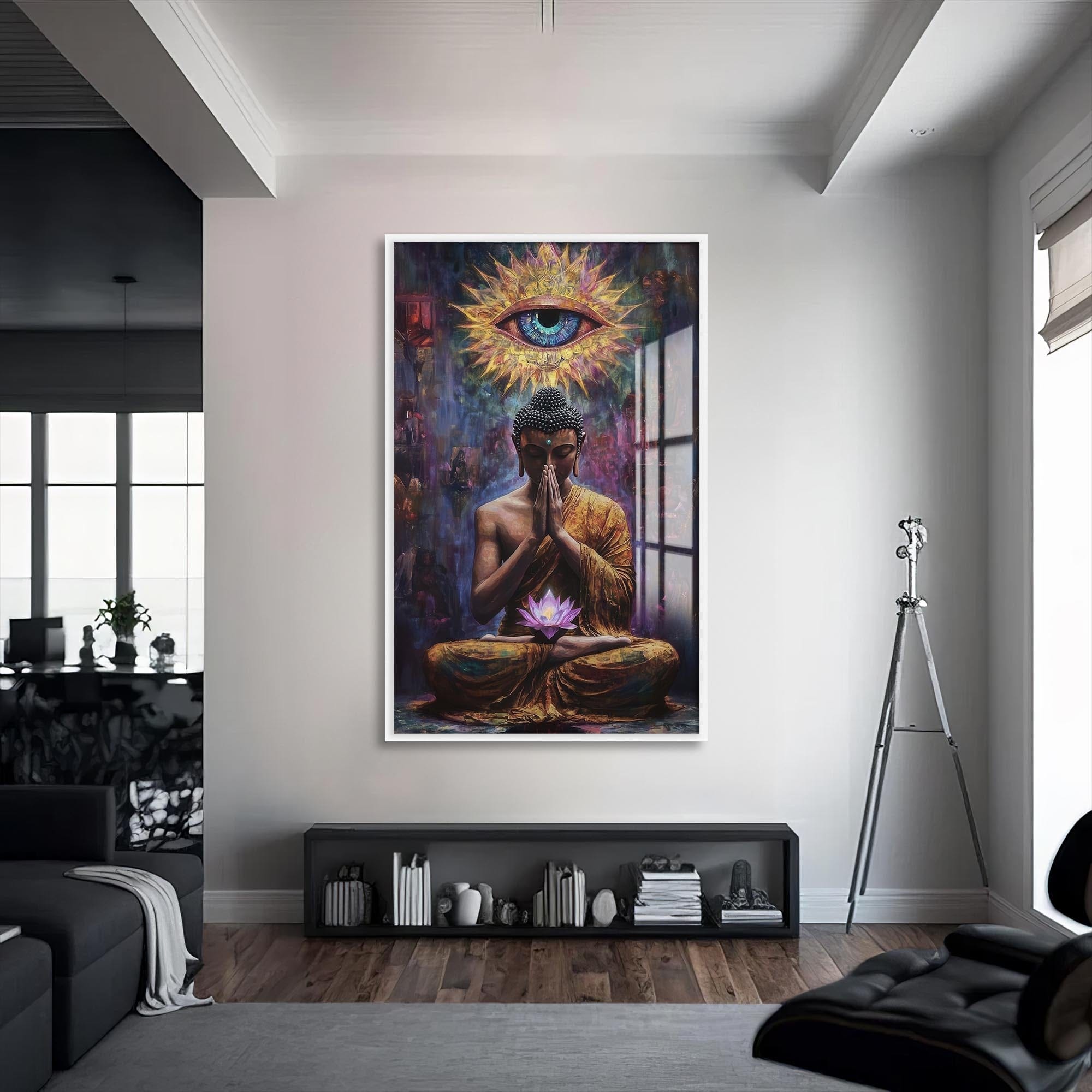 Artronauts Glass Print S | 72x46 cm | 28.3"x18.1" / White Lotus Prayer- Buddhism Tempered Glass Wall Art