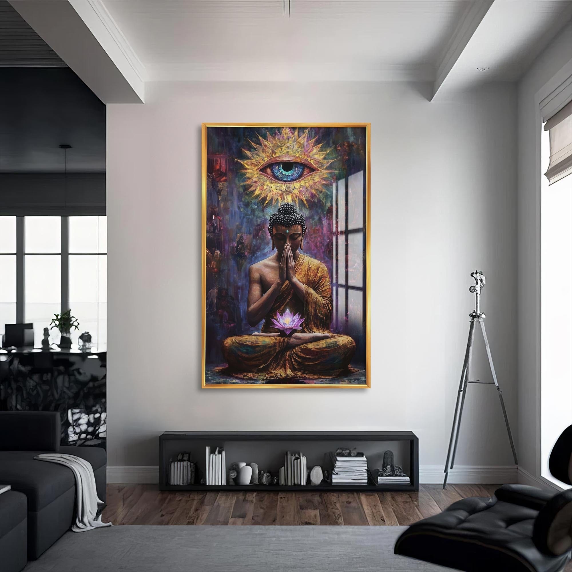 Artronauts Glass Print S | 72x46 cm | 28.3"x18.1" / Gold Lotus Prayer- Buddhism Tempered Glass Wall Art