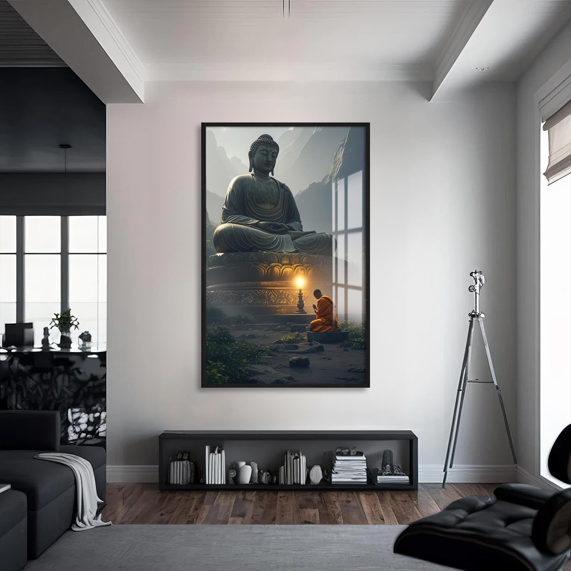 Artronauts Glass Print S | 72x46 cm | 28.3"x18.1" / Black Temple of Light- Buddhism Tempered Glass Wall Art