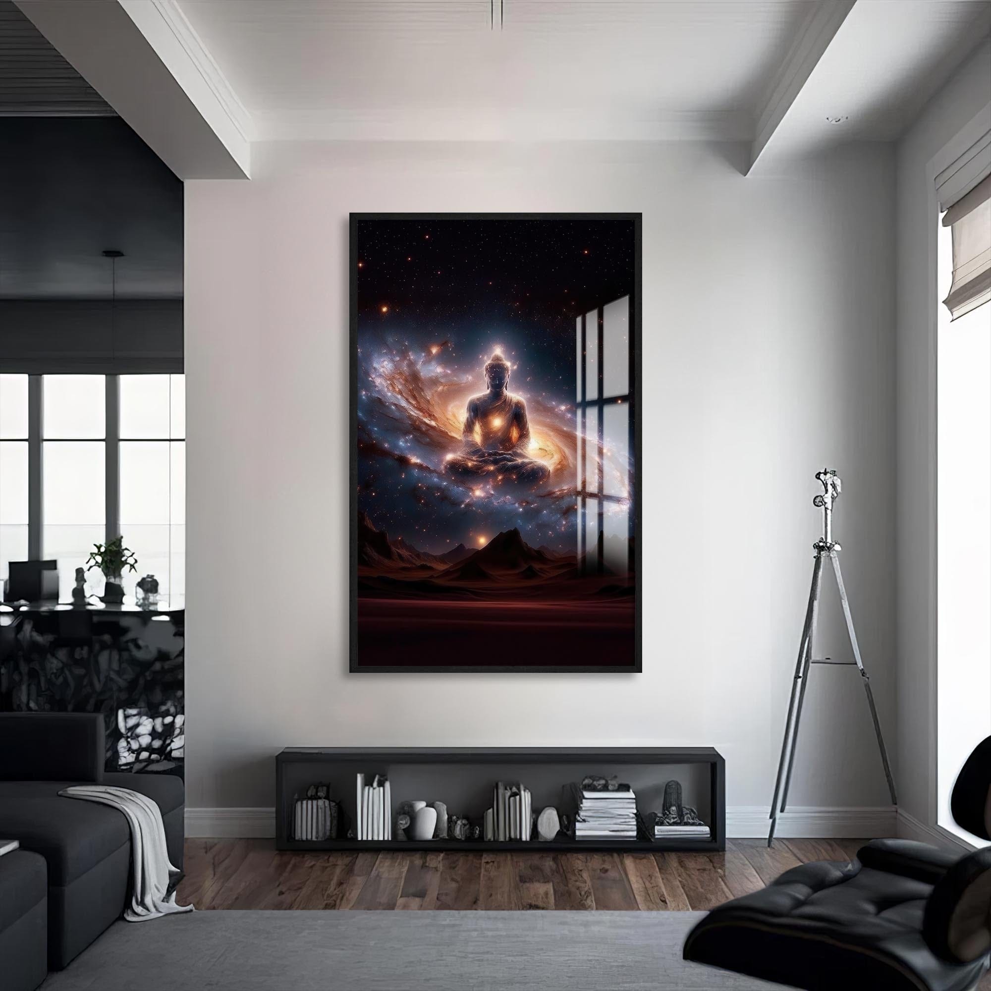 Artronauts Glass Print S | 72x46 cm | 28.3"x18.1" / Black Cosmic Buddha- Buddhism Tempered Glass Wall Art
