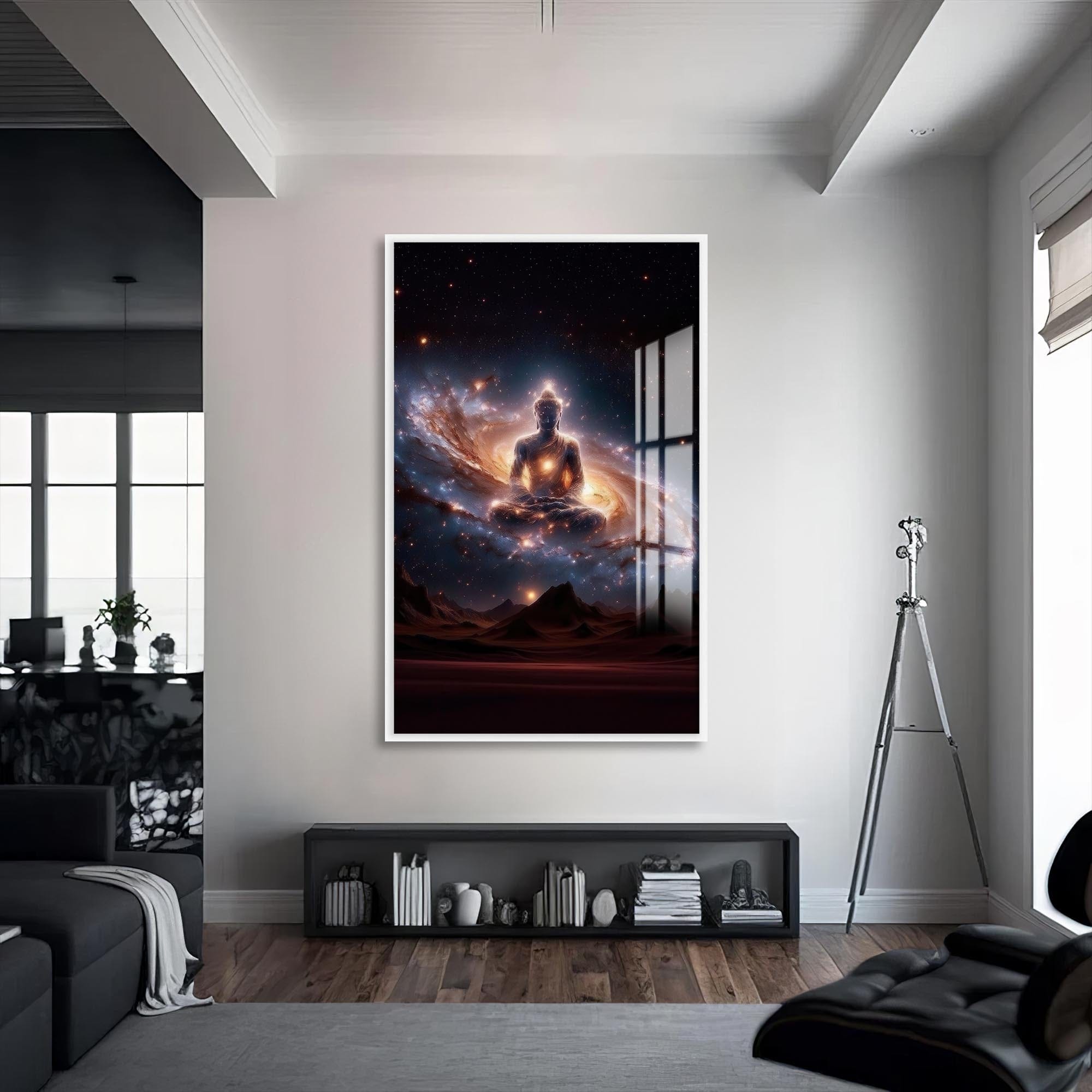 Artronauts Glass Print S | 72x46 cm | 28.3"x18.1" / White Cosmic Buddha- Buddhism Tempered Glass Wall Art