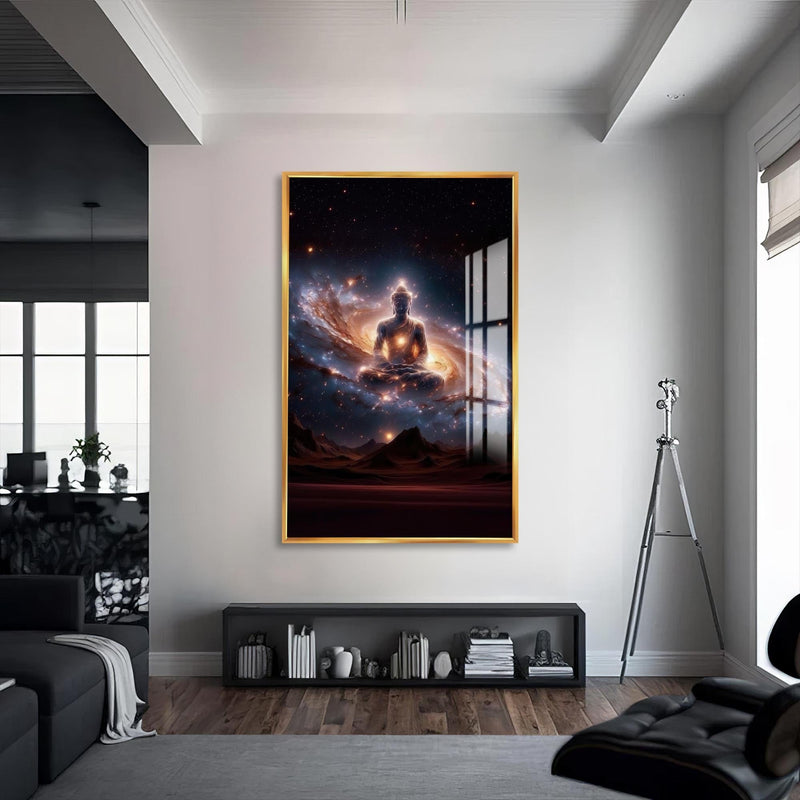 Artronauts Glass Print S | 72x46 cm | 28.3"x18.1" / Gold Cosmic Buddha- Buddhism Tempered Glass Wall Art
