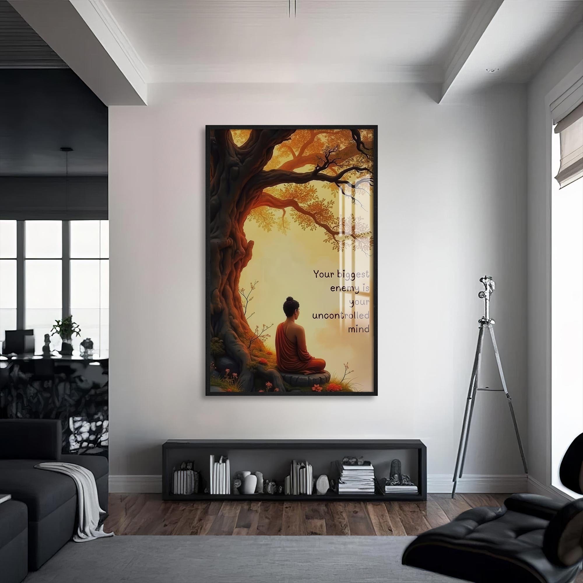 Artronauts Glass Print S | 72x46 cm | 28.3"x18.1" / Black Uncontrolled Mind- Buddhism Tempered Glass Wall Art
