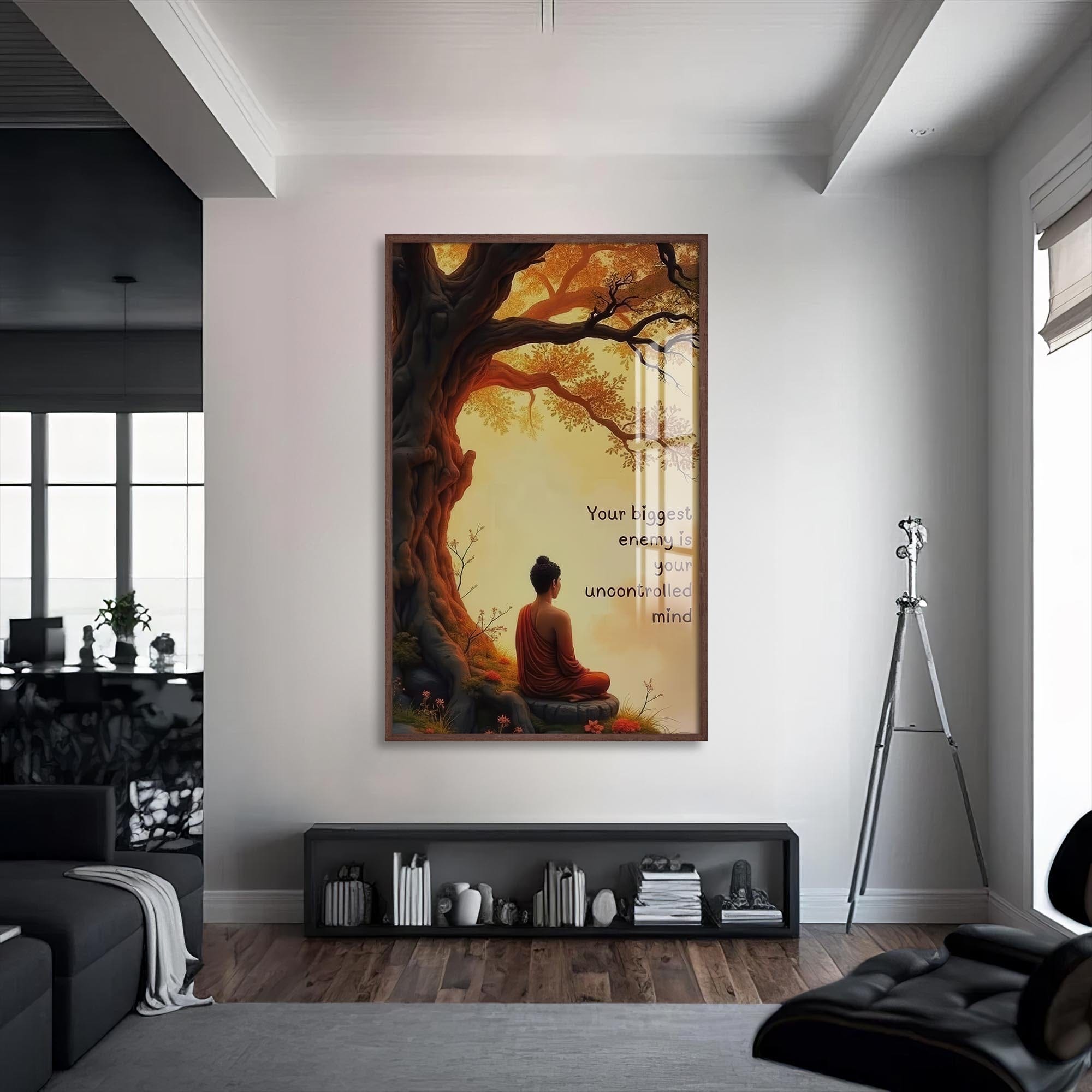 Artronauts Glass Print S | 72x46 cm | 28.3"x18.1" / Walnut Uncontrolled Mind- Buddhism Tempered Glass Wall Art