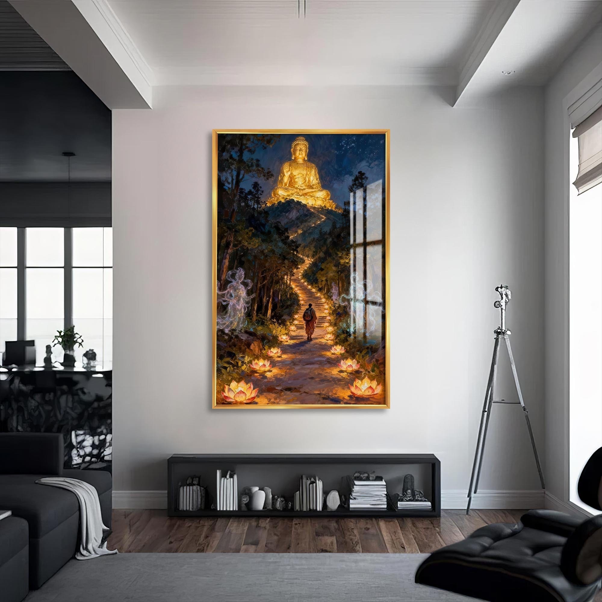 Artronauts Glass Print S | 72x46 cm | 28.3"x18.1" / Gold Light Through Darkness- Buddhism Tempered Glass Wall Art