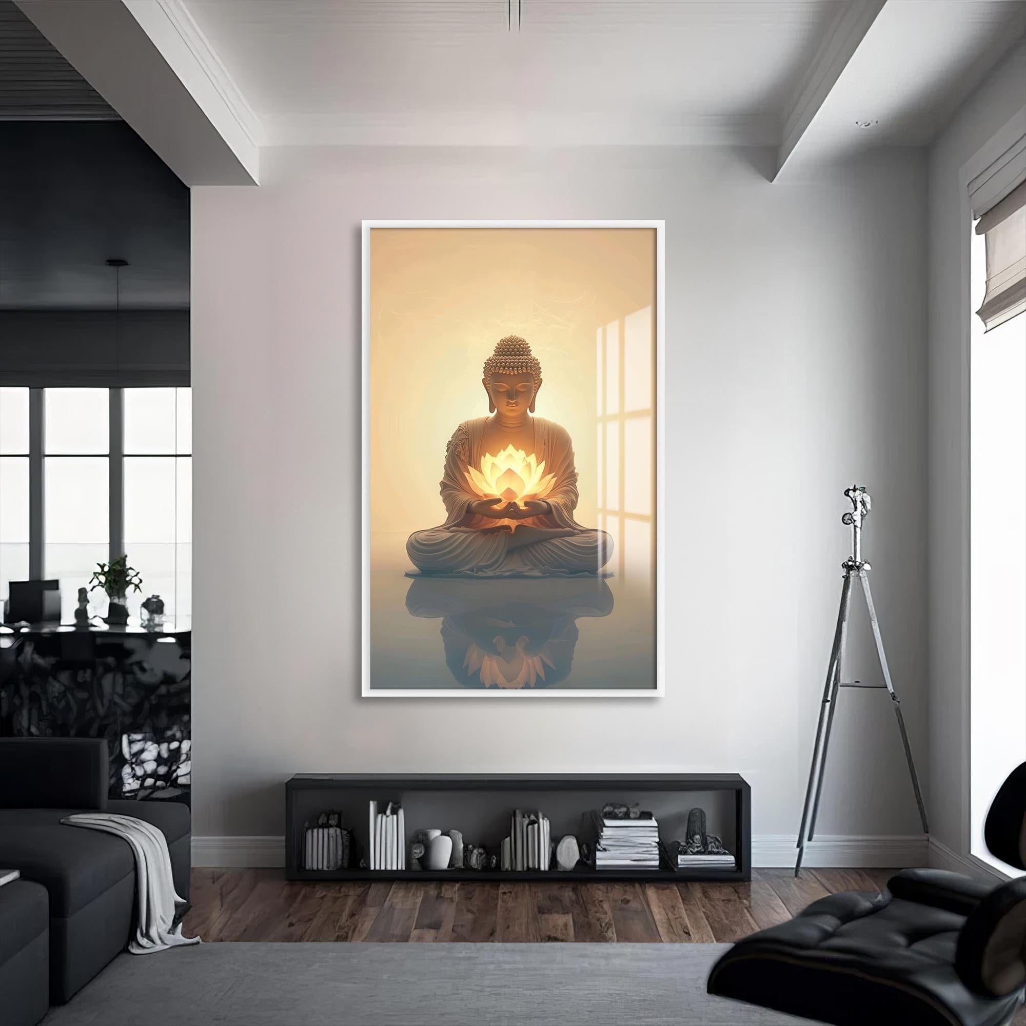 Artronauts Glass Print S | 72x46 cm | 28.3"x18.1" / White Golden Lotus Serenity- Buddhism Tempered Glass Wall Art