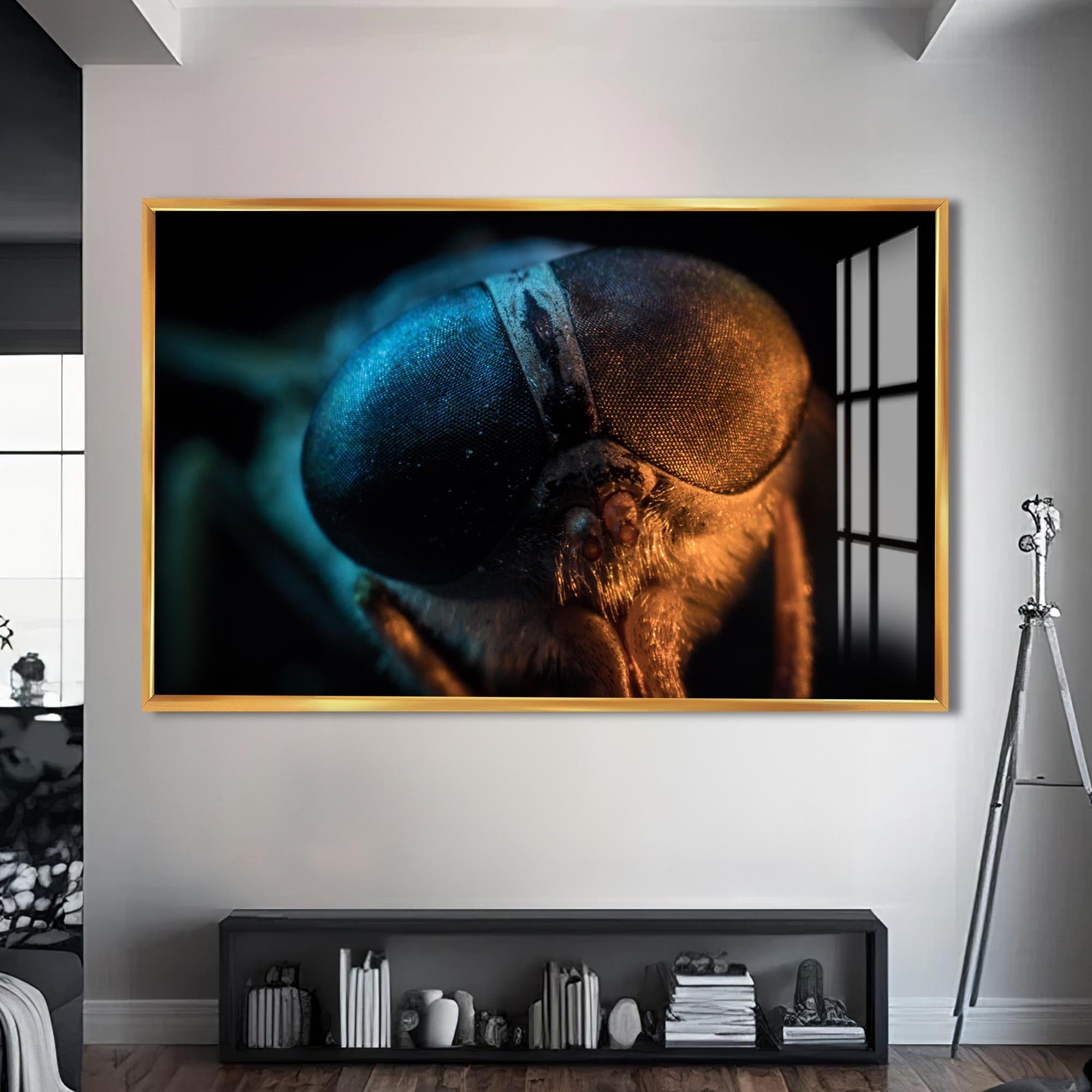 Artronauts Glass Print S | 72x46 cm | 28.3"x18.1" / Gold Dual-Tone Fly Close-Up – Animal Tempered Glass Wall Art
