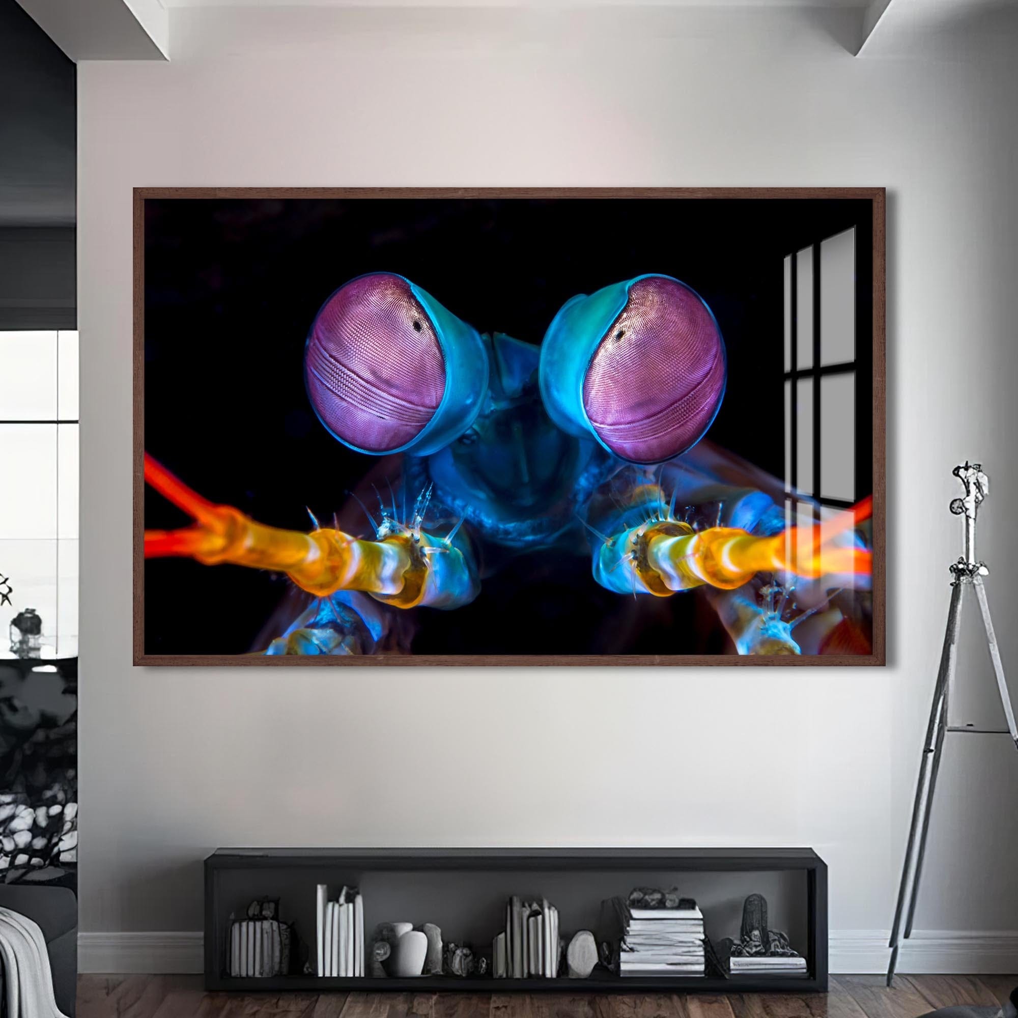 Artronauts Glass Print S | 72x46 cm | 28.3"x18.1" / Walnut Neon Mantis Strike – Animal Tempered Glass Wall Art