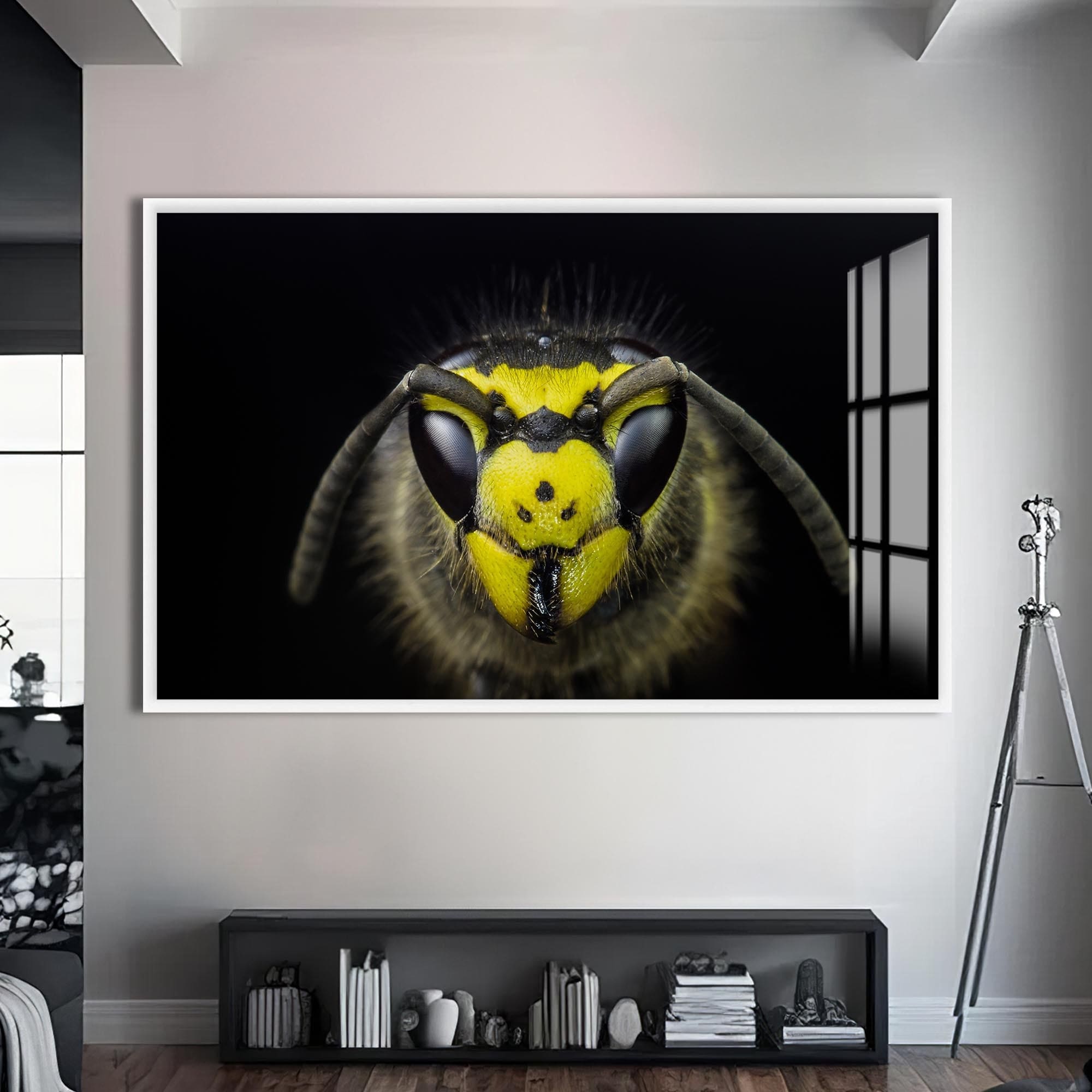 Artronauts Glass Print S | 72x46 cm | 28.3"x18.1" / White Yellow Wasp Close-Up – Animal Tempered Glass Wall Art
