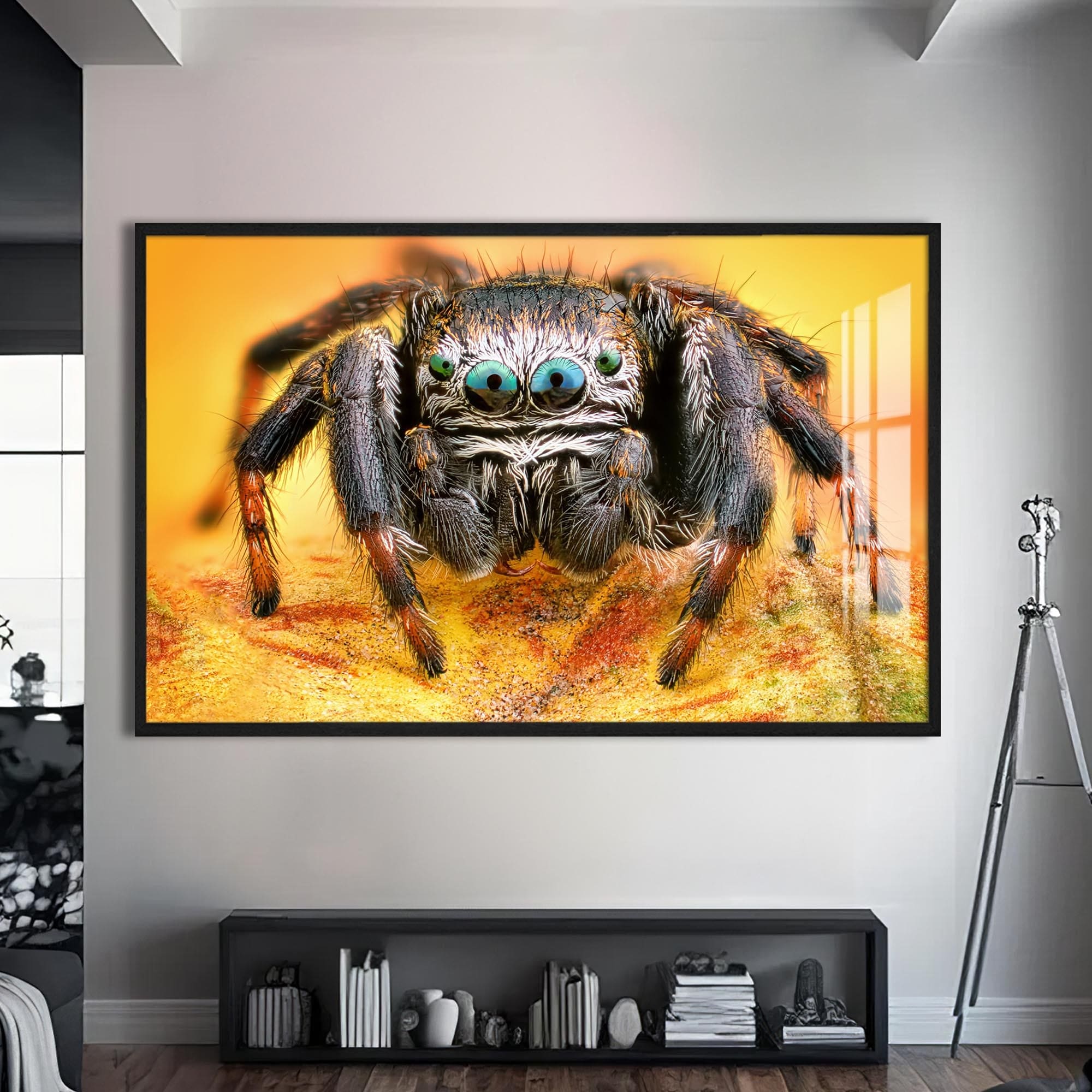 Artronauts Glass Print S | 72x46 cm | 28.3"x18.1" / Black Vibrant Jumping Spider – Animal Tempered Glass Wall Art