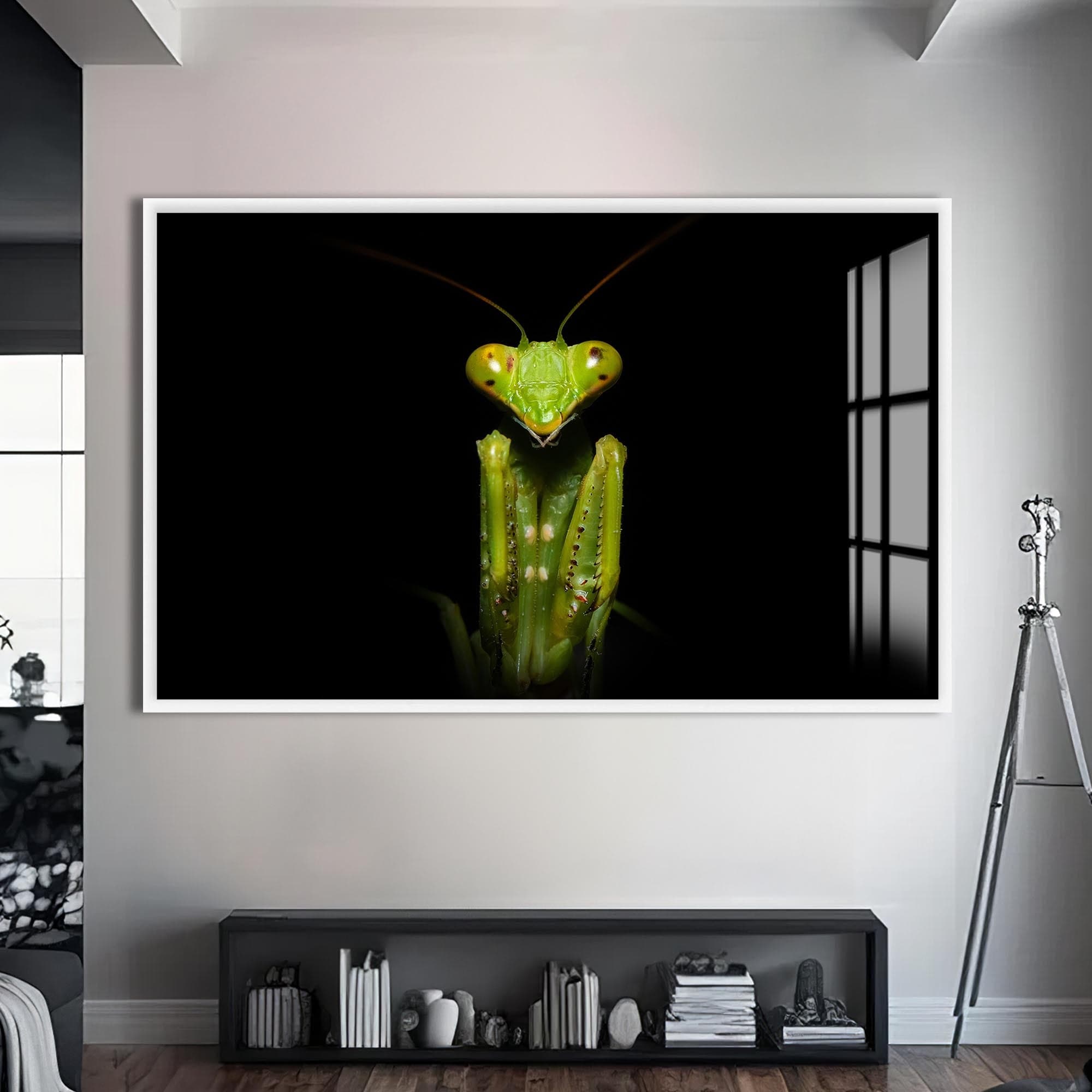 Artronauts Glass Print S | 72x46 cm | 28.3"x18.1" / White Green Mantis Portrait – Animal Tempered Glass Wall Art