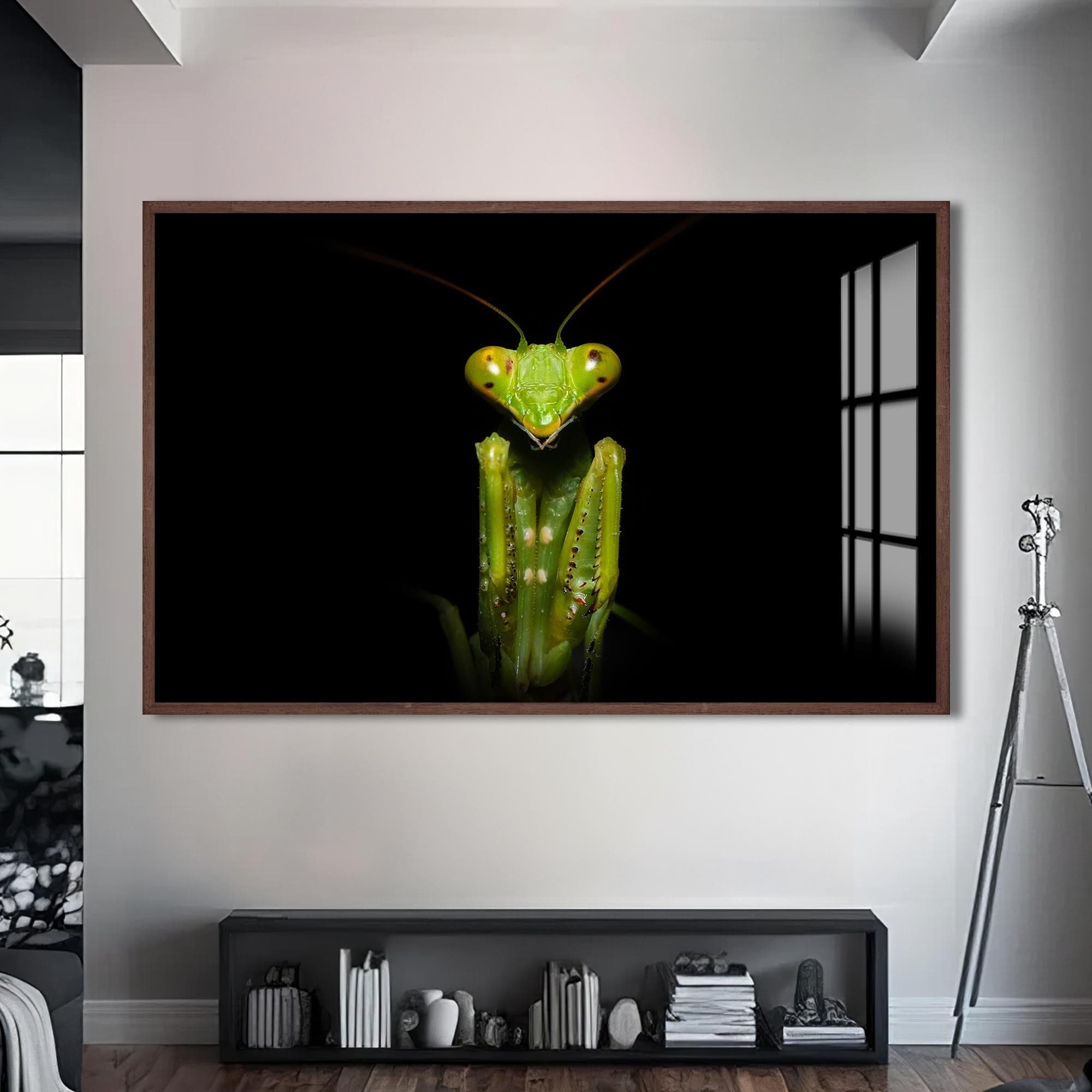 Artronauts Glass Print S | 72x46 cm | 28.3"x18.1" / Walnut Green Mantis Portrait – Animal Tempered Glass Wall Art