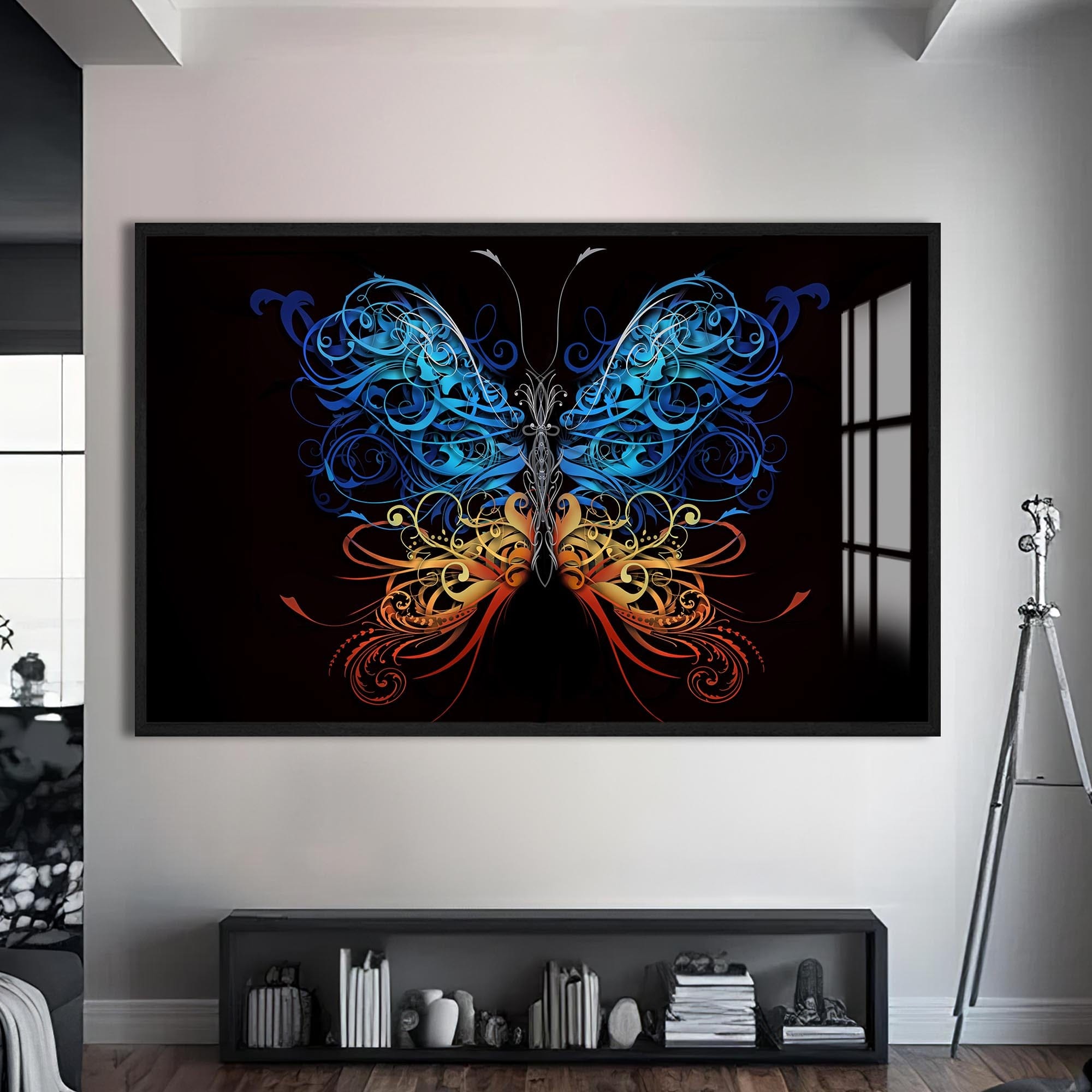 Artronauts Glass Print S | 72x46 cm | 28.3"x18.1" / Black Floral Bluefire Butterfly – Animal Tempered Glass Wall Art