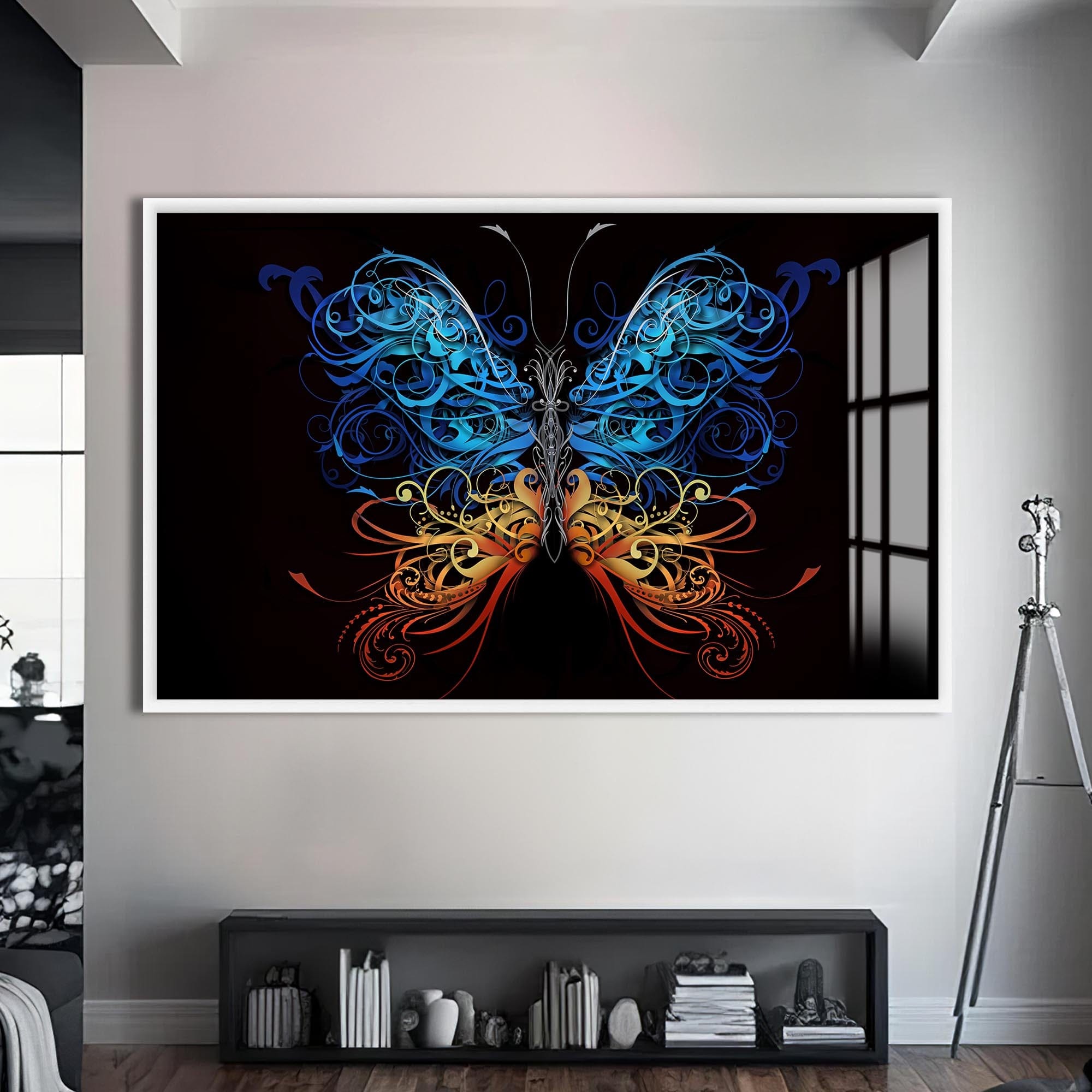 Artronauts Glass Print S | 72x46 cm | 28.3"x18.1" / White Floral Bluefire Butterfly – Animal Tempered Glass Wall Art