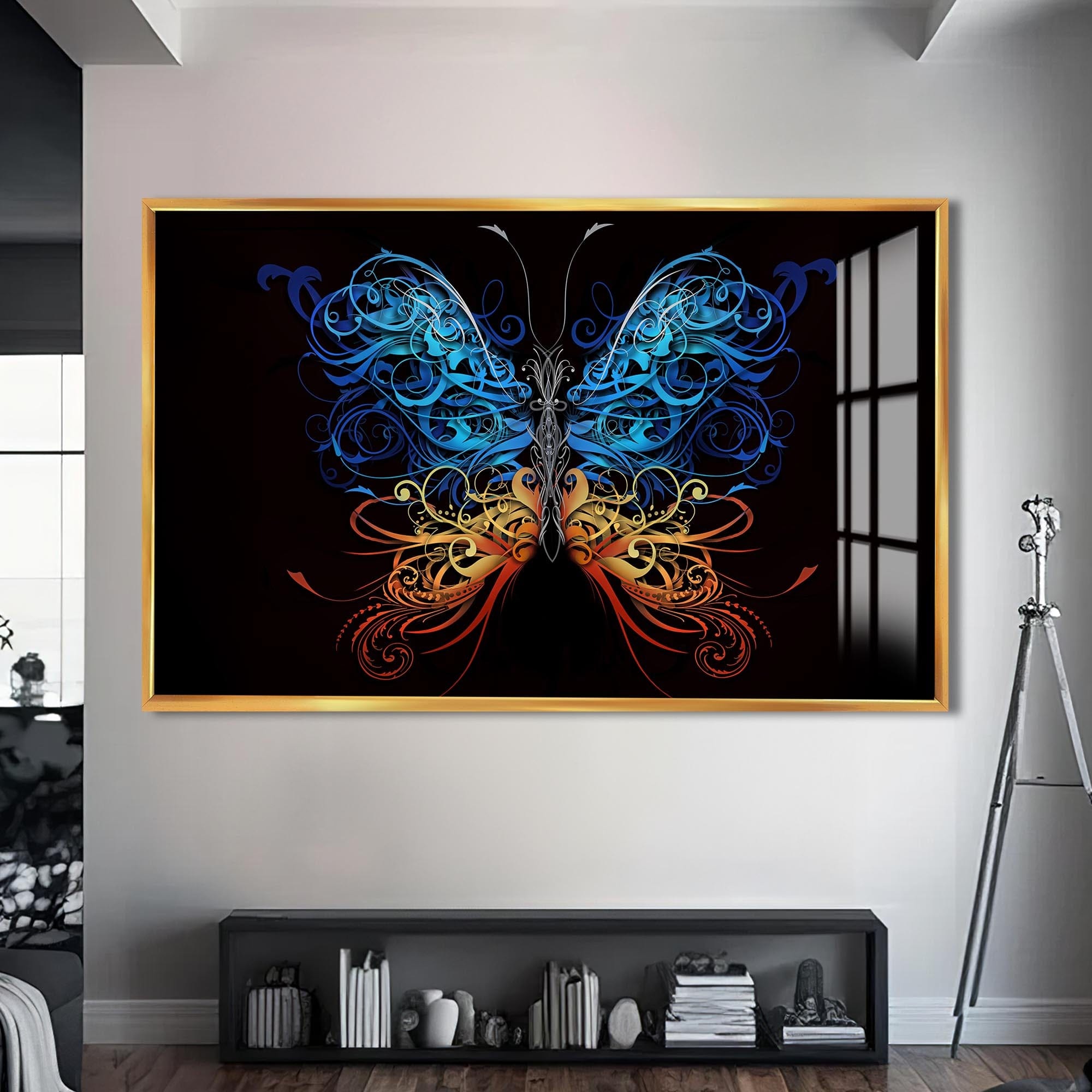 Artronauts Glass Print S | 72x46 cm | 28.3"x18.1" / Gold Floral Bluefire Butterfly – Animal Tempered Glass Wall Art