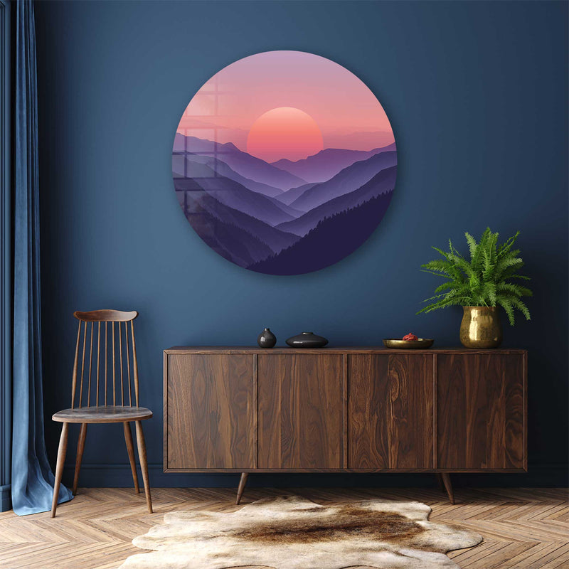 Artronauts Glass Print Sunset Beyond the Mountains - Rounded Glass Wall Art