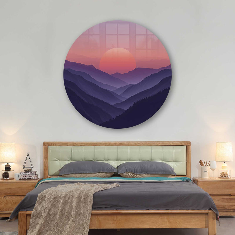 Artronauts Glass Print Sunset Beyond the Mountains - Rounded Glass Wall Art