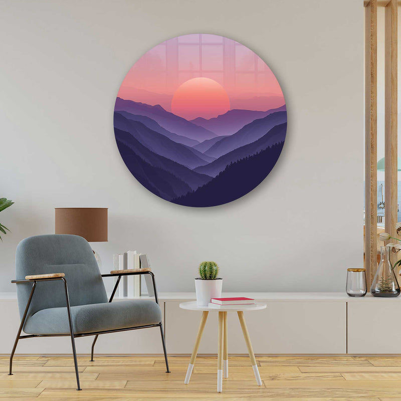 Artronauts Glass Print Sunset Beyond the Mountains - Rounded Glass Wall Art