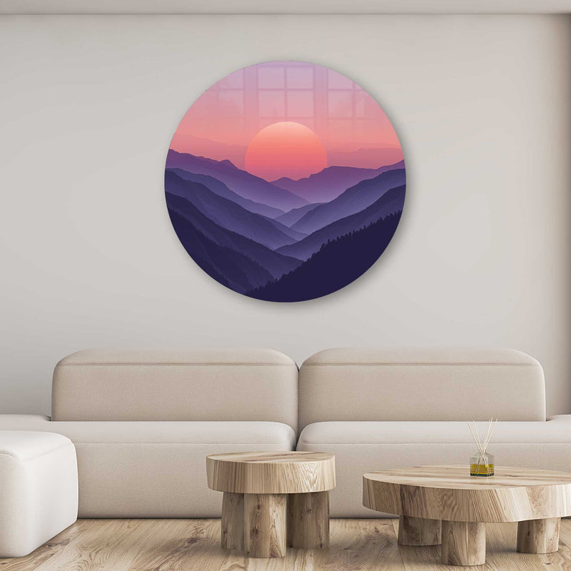 Artronauts Glass Print Sunset Beyond the Mountains - Rounded Glass Wall Art