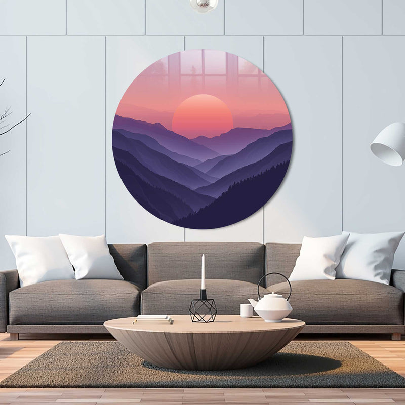 Artronauts Glass Print Sunset Beyond the Mountains - Rounded Glass Wall Art