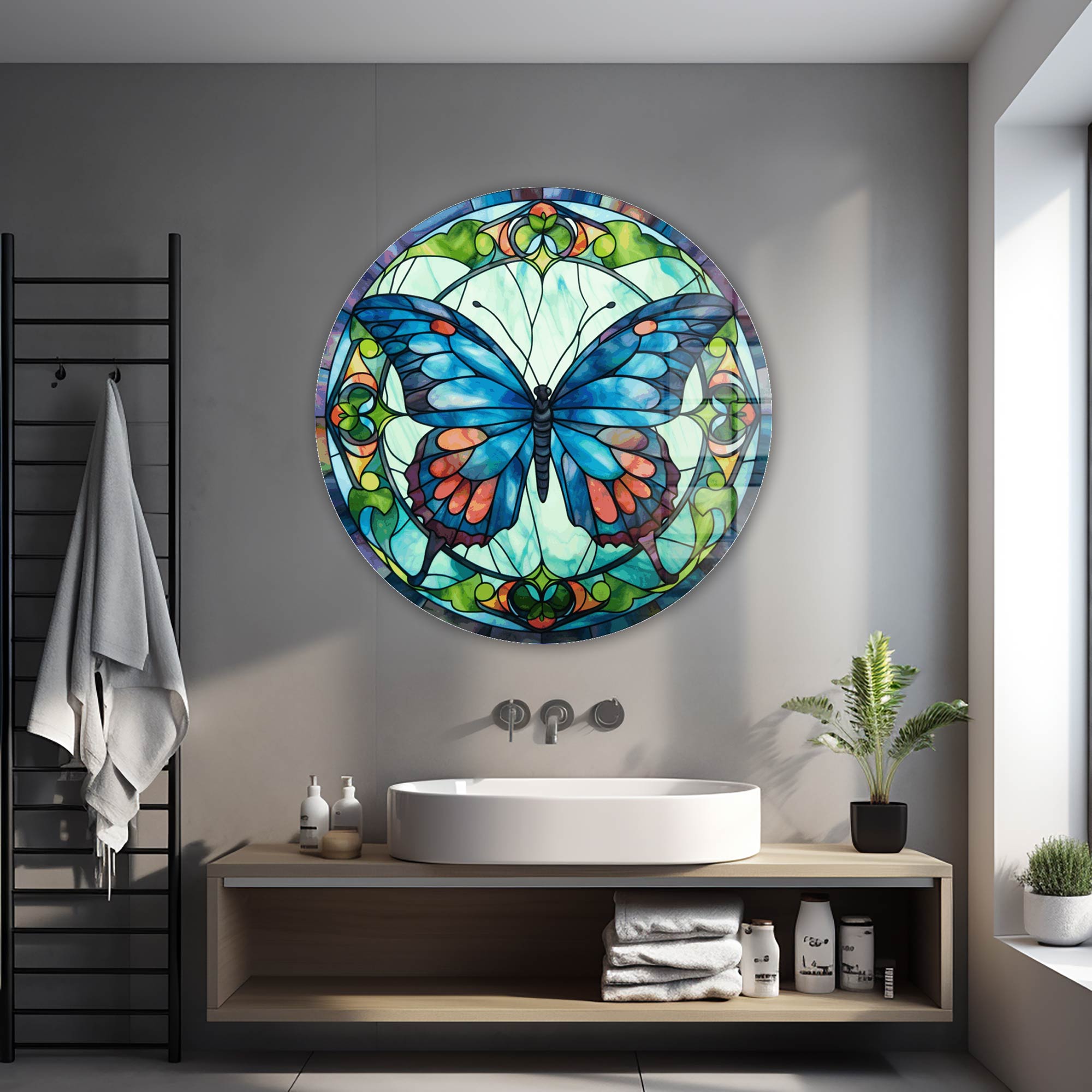 Stained ButterfIy V - Rounded Glass Wall Art