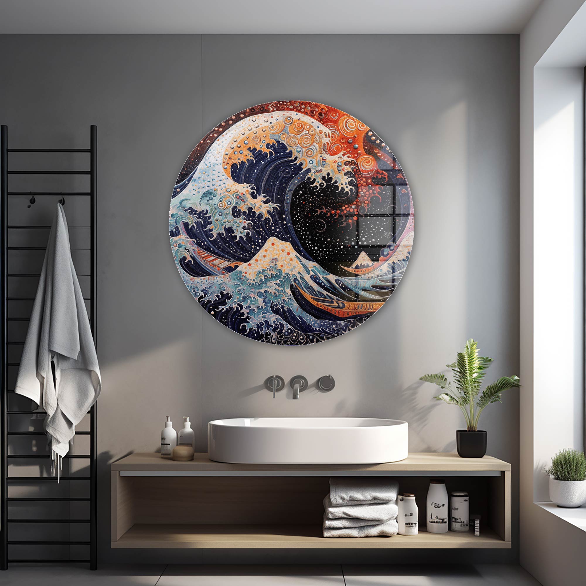 Futuristic Kanagawa - Rounded Glass Wall Art