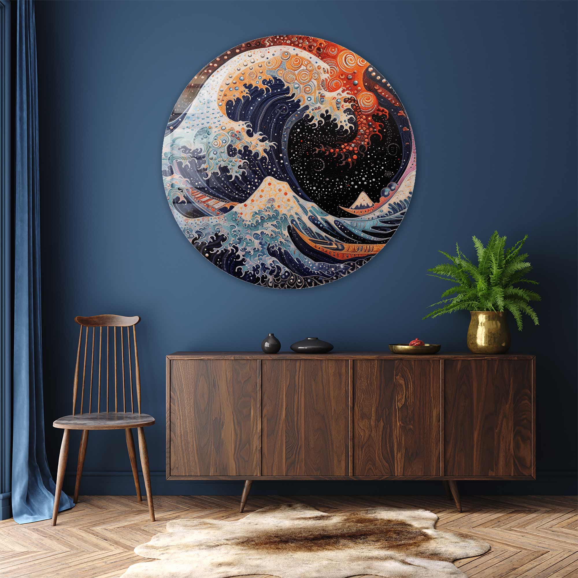 Futuristic Kanagawa - Rounded Glass Wall Art