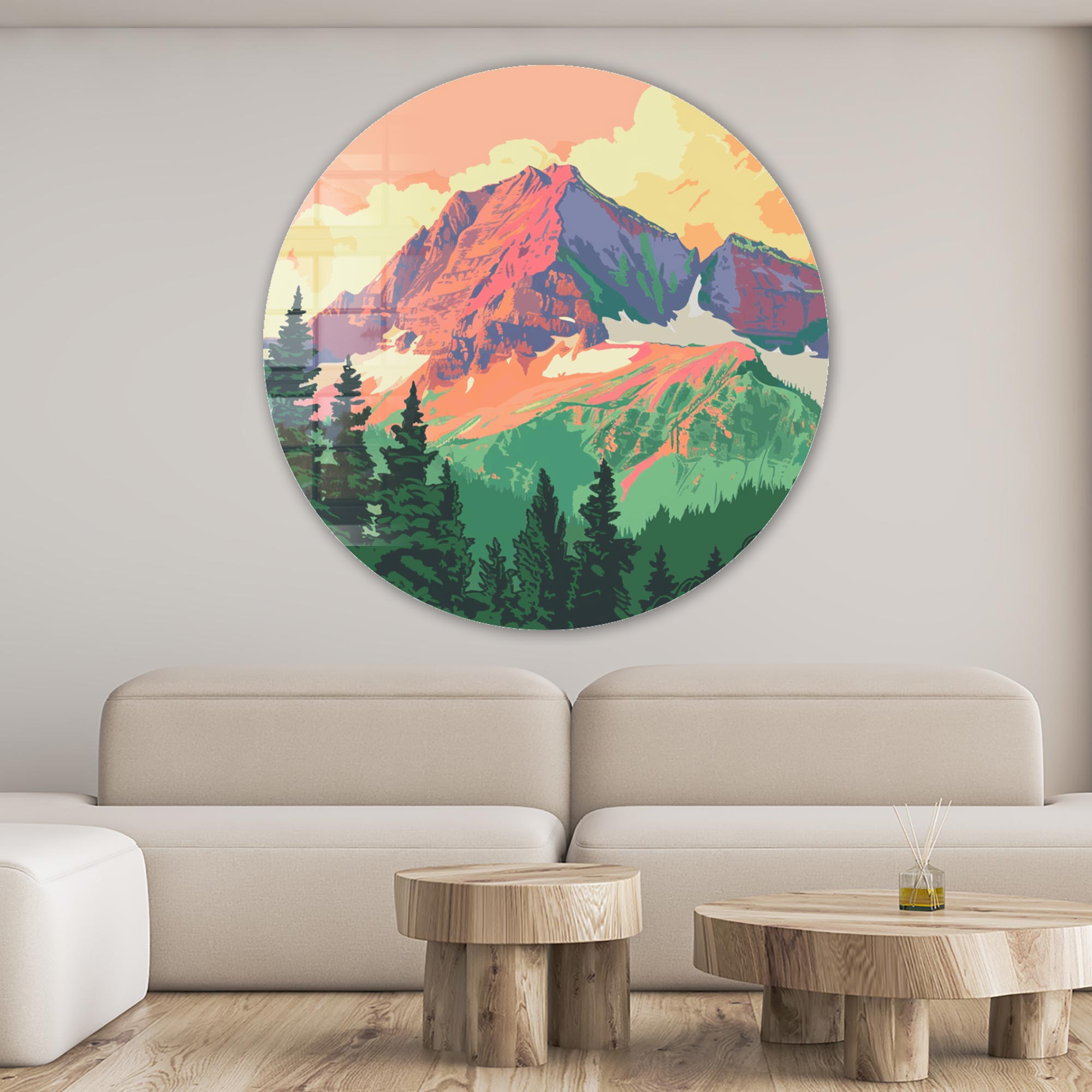 Mountains Illustration - Rounded Glass Wall Art