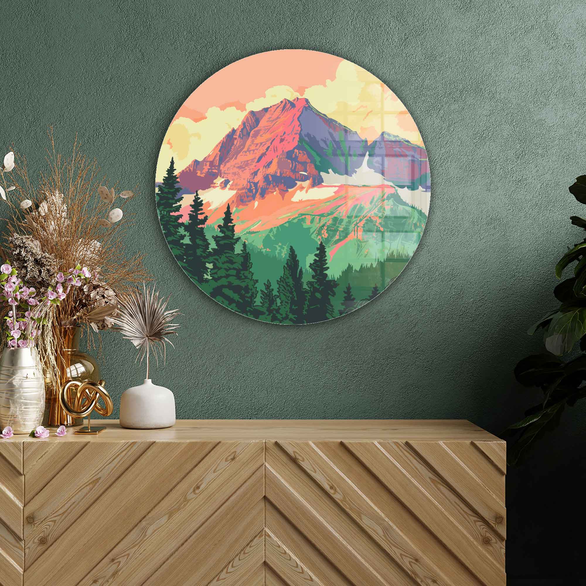 Mountains Illustration - Rounded Glass Wall Art