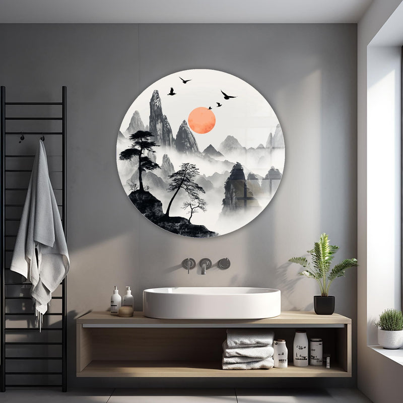 Artronauts Glass Print Japanese Mountains III - Rounded Glass Wall Art