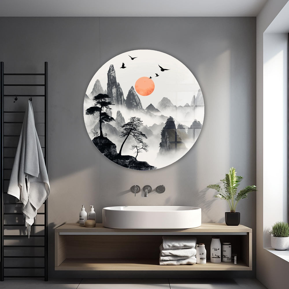 Artronauts Glass Print Japanese Mountains III - Rounded Glass Wall Art