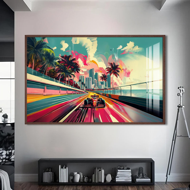 Artronauts Glass Print S | 72x46 cm | 28.3"x18.1" / Walnut Neon City Speed – Modern Car Glass Wall Art