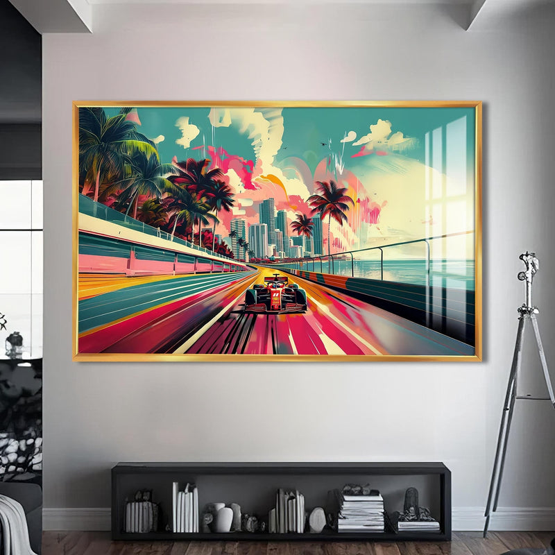 Artronauts Glass Print S | 72x46 cm | 28.3"x18.1" / Gold Neon City Speed – Modern Car Glass Wall Art