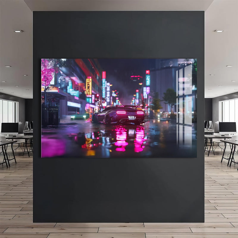 Artronauts Glass Print Neon Rain Drive – Cyberpunk Car Glass Wall Art