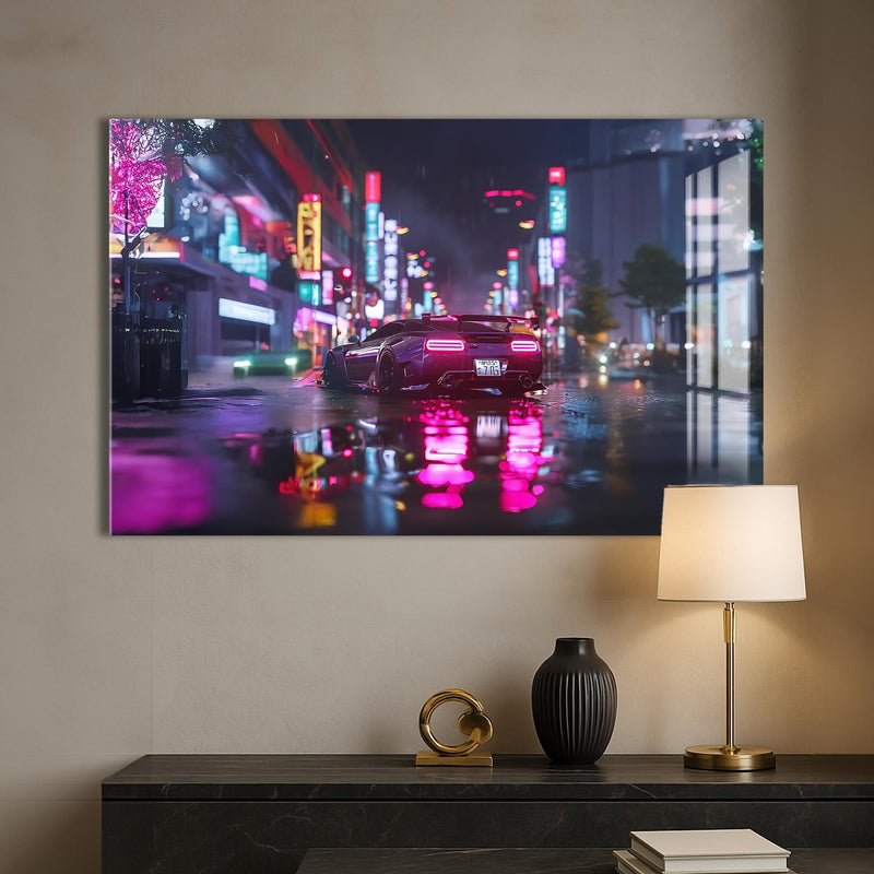 Artronauts Glass Print Neon Rain Drive – Cyberpunk Car Glass Wall Art