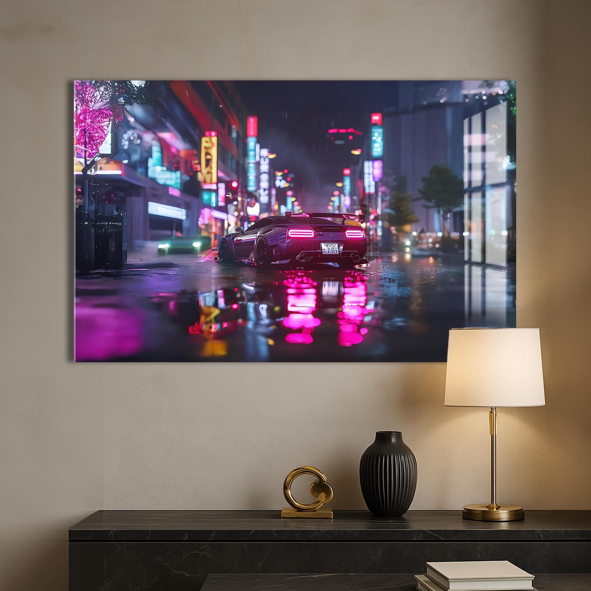 Artronauts Glass Print Neon Rain Drive – Cyberpunk Car Glass Wall Art