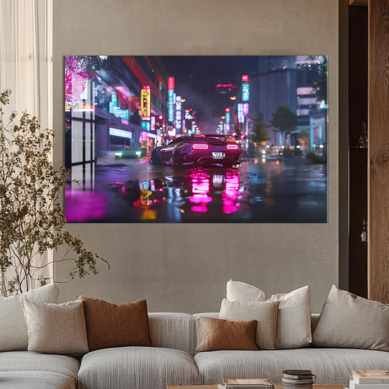 Artronauts Glass Print Neon Rain Drive – Cyberpunk Car Glass Wall Art
