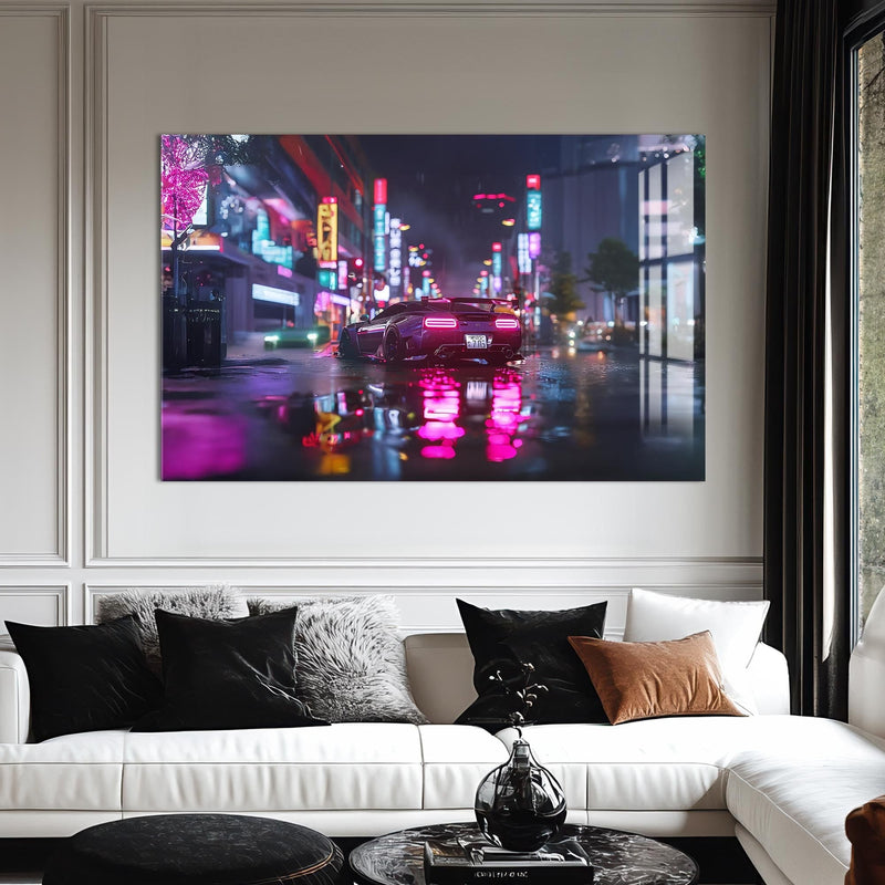 Artronauts Glass Print Neon Rain Drive – Cyberpunk Car Glass Wall Art